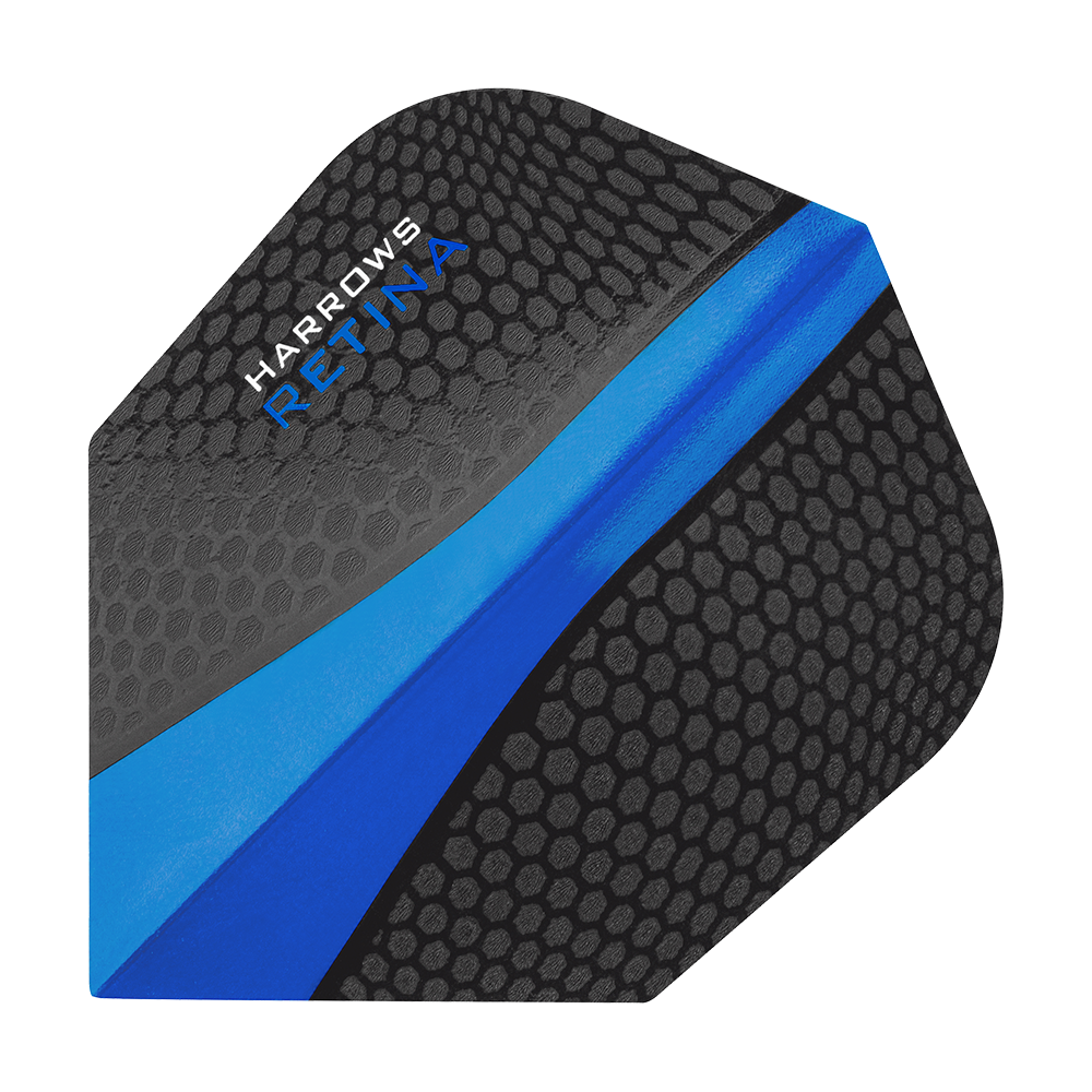 HR5510_Harrows_Retina_Blau_No2_Standard_Flights_1 Dies ist ein Harrows Retina Blau No6 Flight für Dartpfeile. Er hat ein schwarzes Wabenmuster mit einem markanten blauen Streifen in der Mitte.