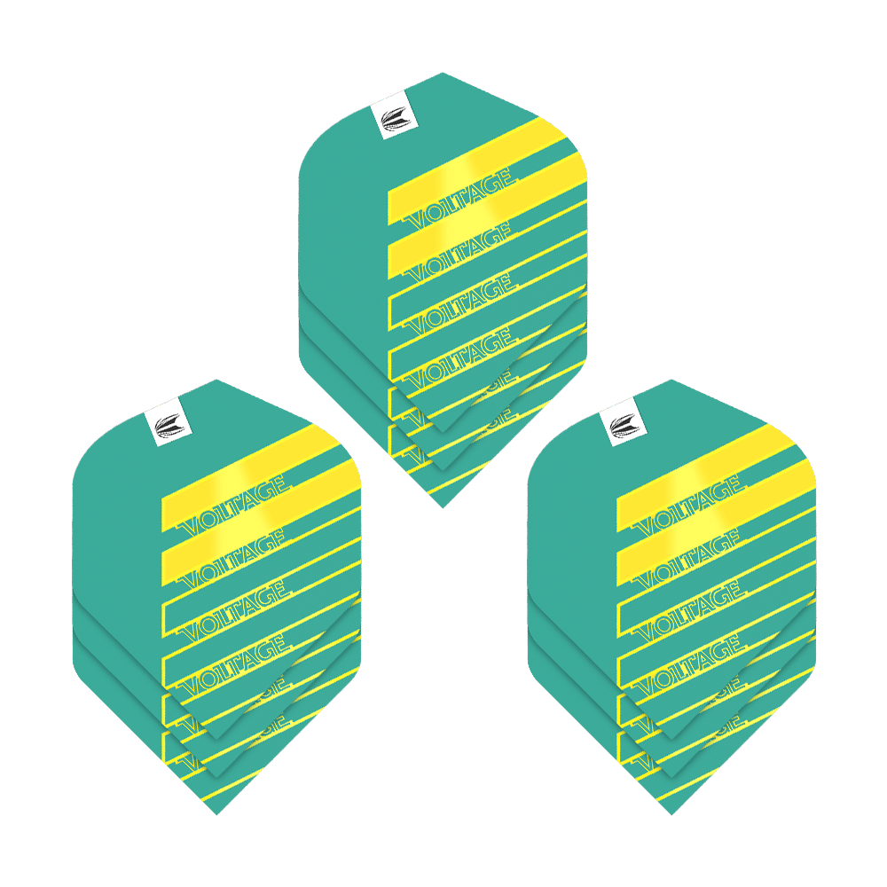 Target Pro Ultra Rob Cross Aqua No2 Standard Flights - 3 sets Das Bild zeigt drei Sets von Target Pro Ultra Rob Cross Aqua No2 Standard Flights. Die Flights sind türkis mit gelben Streifen und dem Schriftzug "VOLTAGE" darauf.