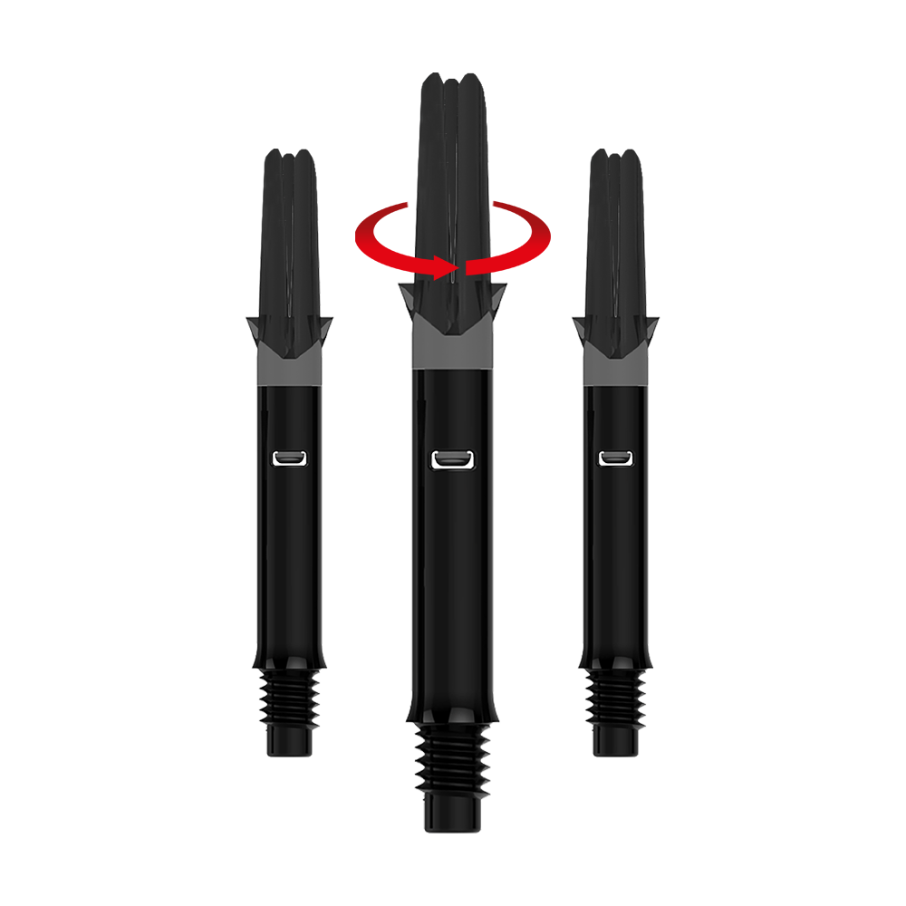 L-L-Style-Shafts Silent Straight - Black Das Bild zeigt drei schwarze Dartshafts ohne Kappen. Über dem mittleren Shaft befindet sich ein roter Pfeil, der eine Drehbewegung anzeigt.
