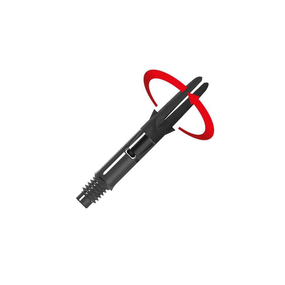 L-L-Style-Shaft Carbon Silent Straight - Black Das Bild zeigt einen schwarzen Dart-Schaft aus Carbon. Ein roter Pfeil deutet eine Drehbewegung auf den oberen Teil des Schafts an.