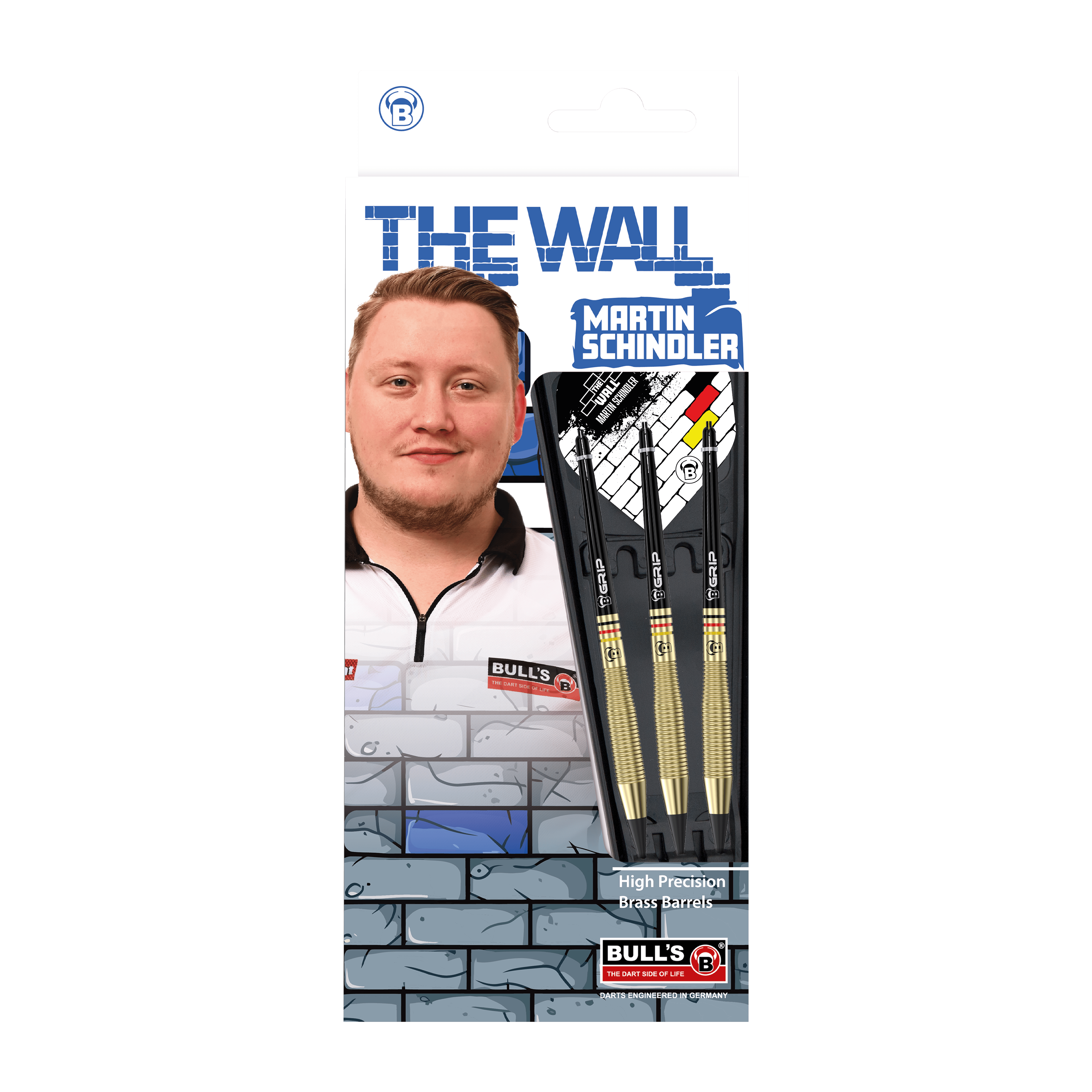 Bulls Martin Schindler The Wall Brass Softdarts - 18g Das Bild zeigt die Verpackung der "Bulls Martin Schindler The Wall Brass Softdarts - 18g". Auf der Verpackung ist ein Foto von Martin Schindler sowie drei Softdarts mit Messing-Barrels abgebildet.