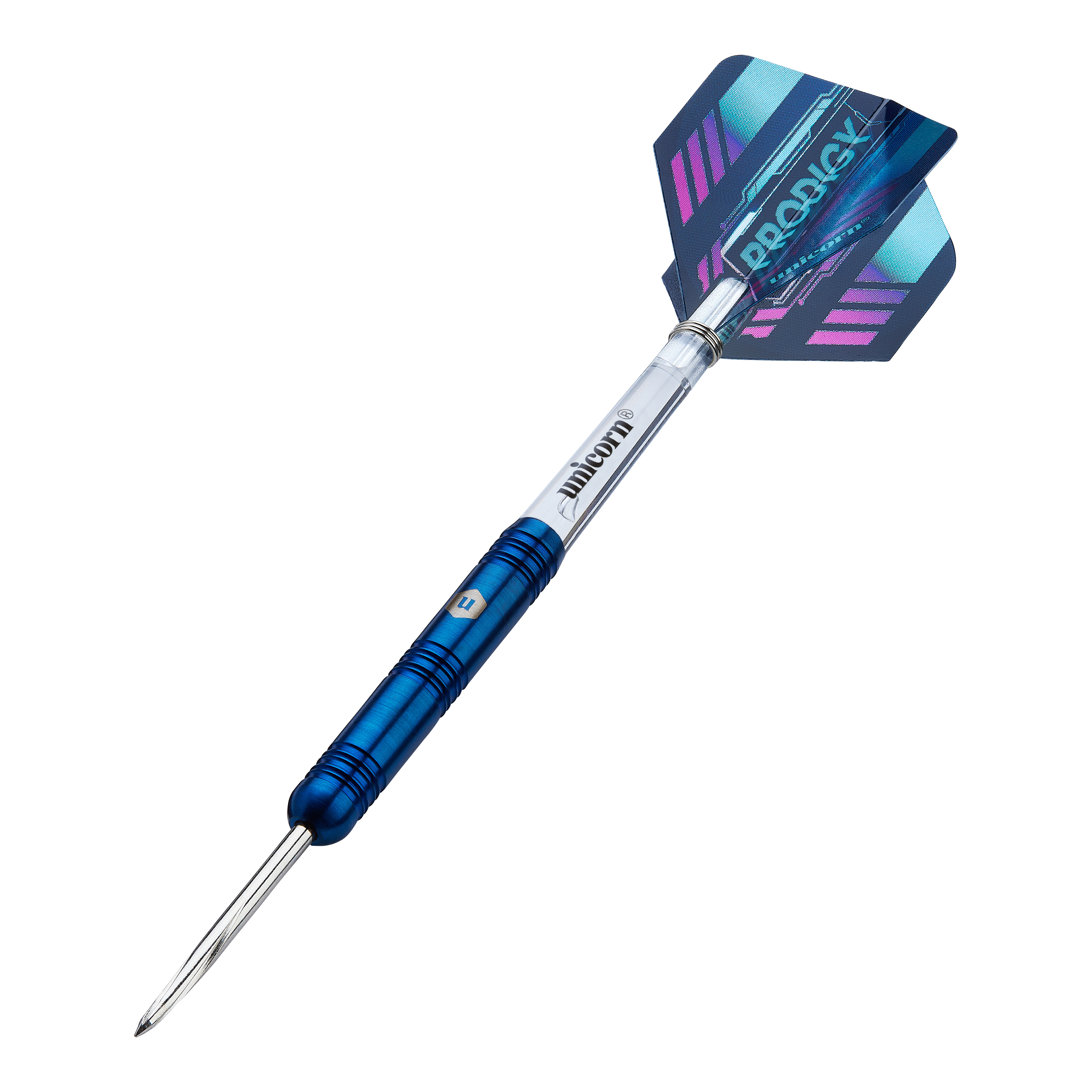 Unicorn Prodigy 01 Parallel Steeldarts Dieses Bild zeigt einen Unicorn Prodigy 01 Parallel Steeldart. Der Dartpfeil hat einen blauen Schaft und eine bunte Flight mit dem Aufdruck "Prodigy".