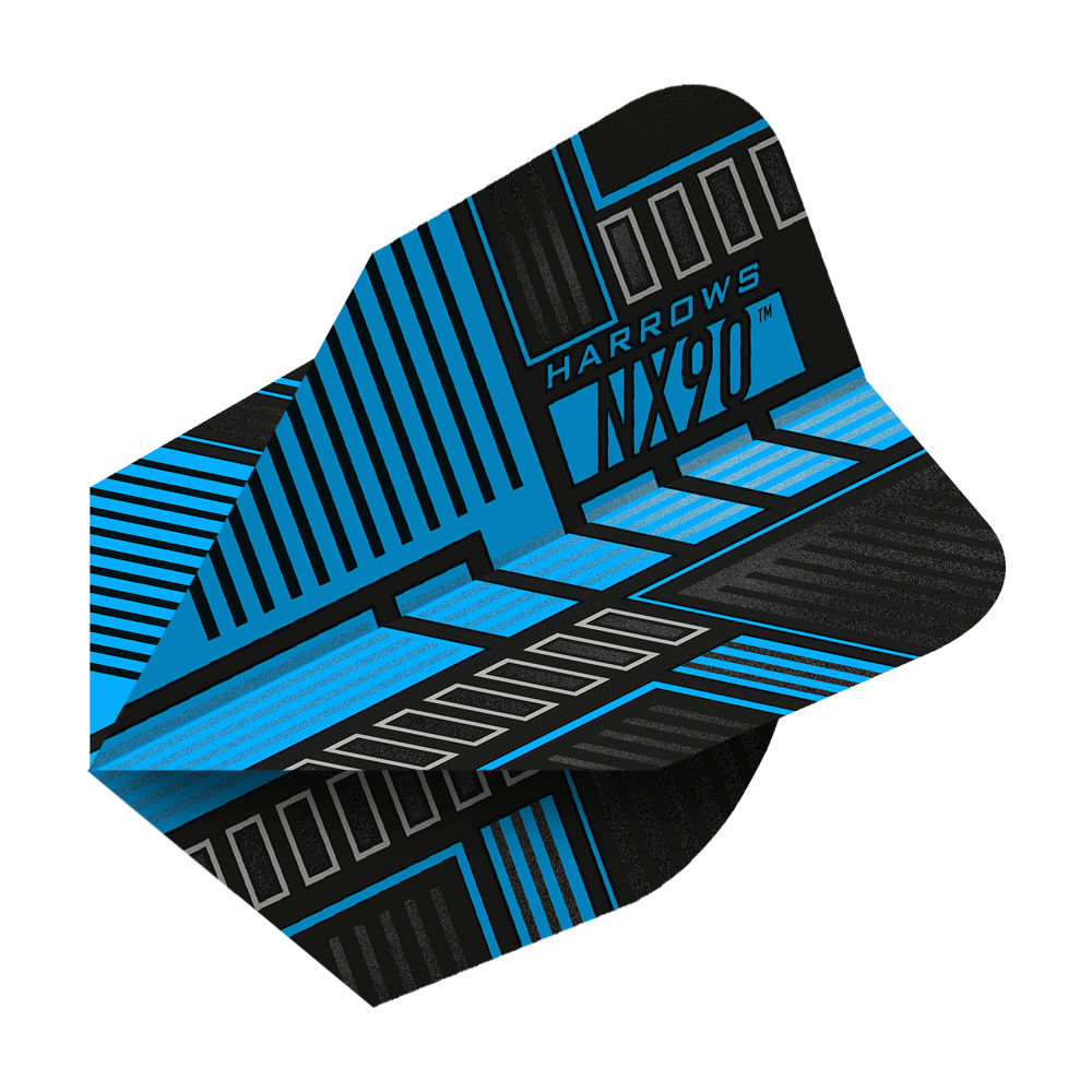 HR48_Harrows_Prime_NX90_Blue_No6_Flights_2 Das Bild zeigt die Harrows Prime NX90 Blue Flights. Die Dart-Flights sind in Blau und Schwarz mit geometrischen Mustern gestaltet.