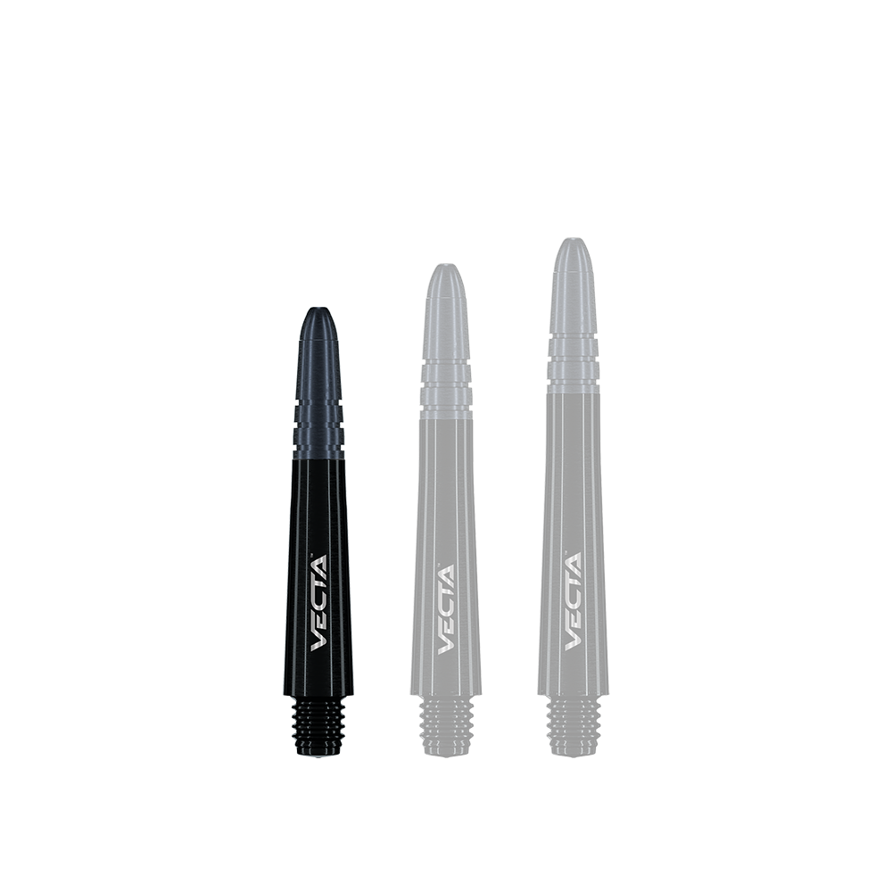 7025-101_Winmau_Vecta_Shafts_Schwarz_34mm_1 Auf dem Bild sind drei schwarze Dartschäfte in unterschiedlichen Längen zu sehen. Auf jedem Schaft steht das Wort "VECTA" in weißer Schrift.