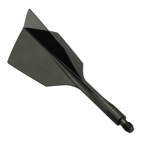 Das Bild zeigt das Produkt "Condor Axe 120 Flight-System Black - Narrow". Es handelt sich um einen schwarzen, schmalen Dartflight mit integriertem Schaft.