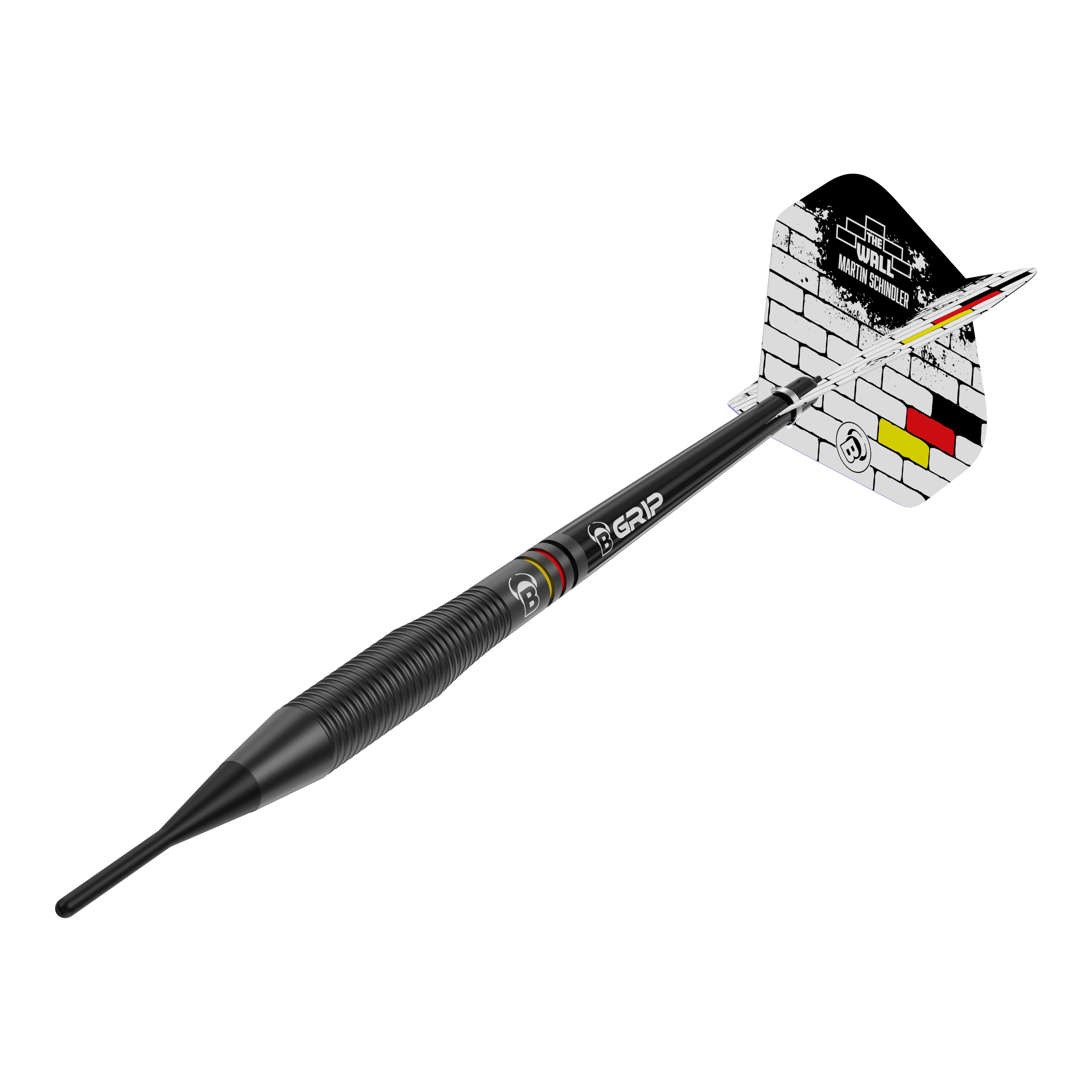 Das Bild zeigt den Softdart "Bulls Martin Schindler The Wall Black Brass" mit einem Gewicht von 18g. Der Dart ist schwarz und hat am Flight ein Mauer-Design mit den Farben der deutschen Flagge.