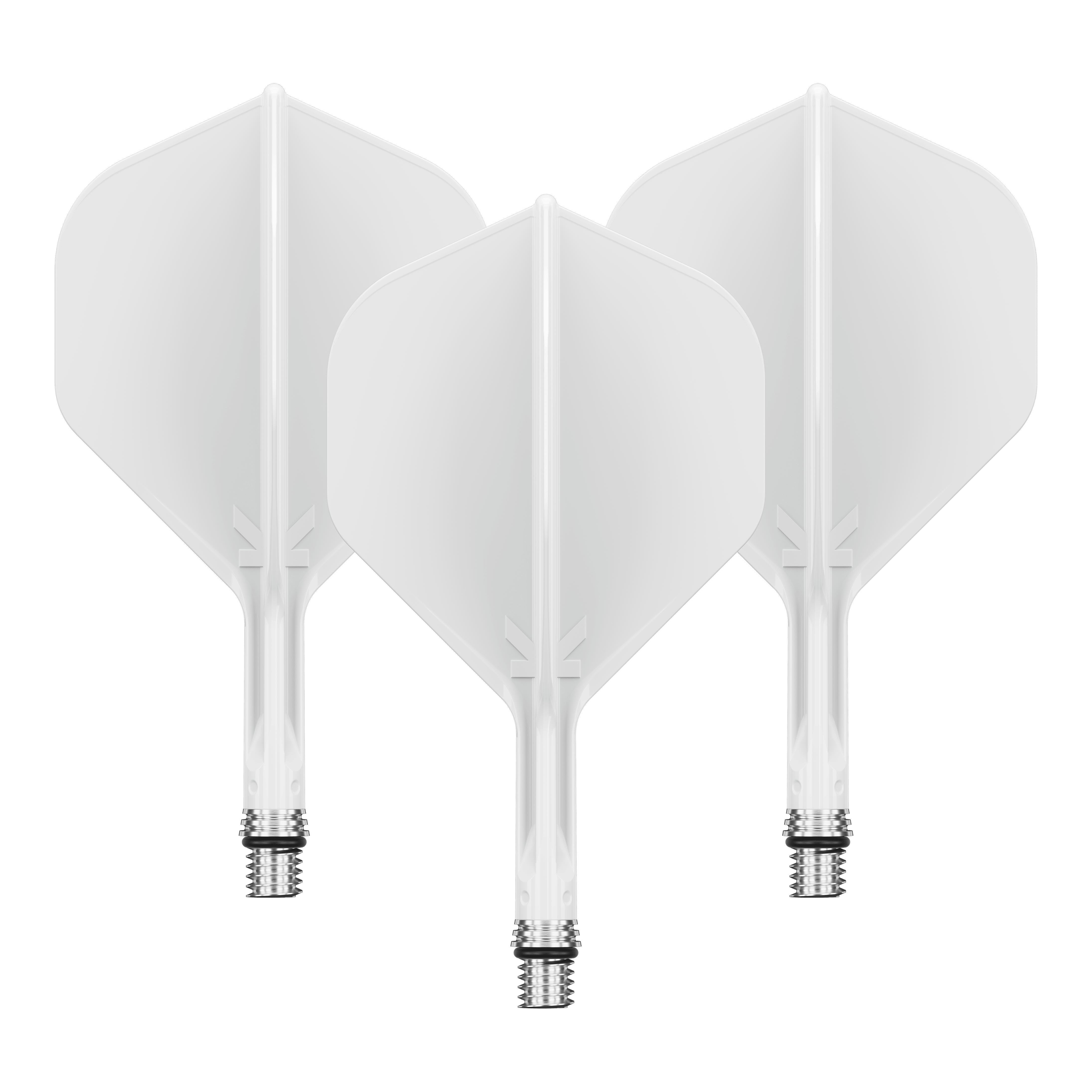 Dieses Bild zeigt ein Set aus weißen Dart Flights. Die Flights scheinen die Größe 19 mm zu haben.