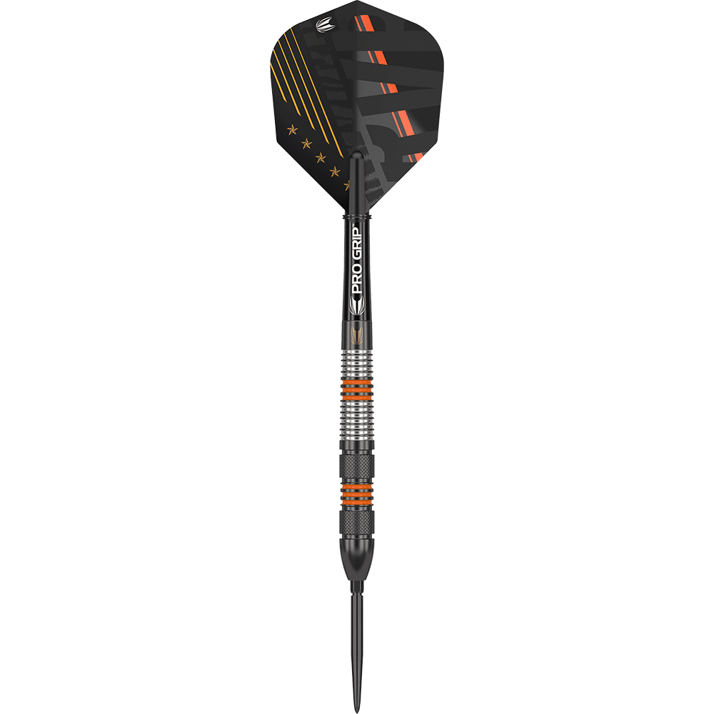190212_Target_Raymond_Van_Barneveld_80_Black_Swiss_Point_Steeldarts_1K75zzW7XxlGKb Das Bild zeigt einen Steeldartpfeil mit schwarzer und silberner Griffzone sowie orangen Akzenten. Die Dartflügel sind schwarz mit orangenen und goldenen Streifen und Sternen verziert.