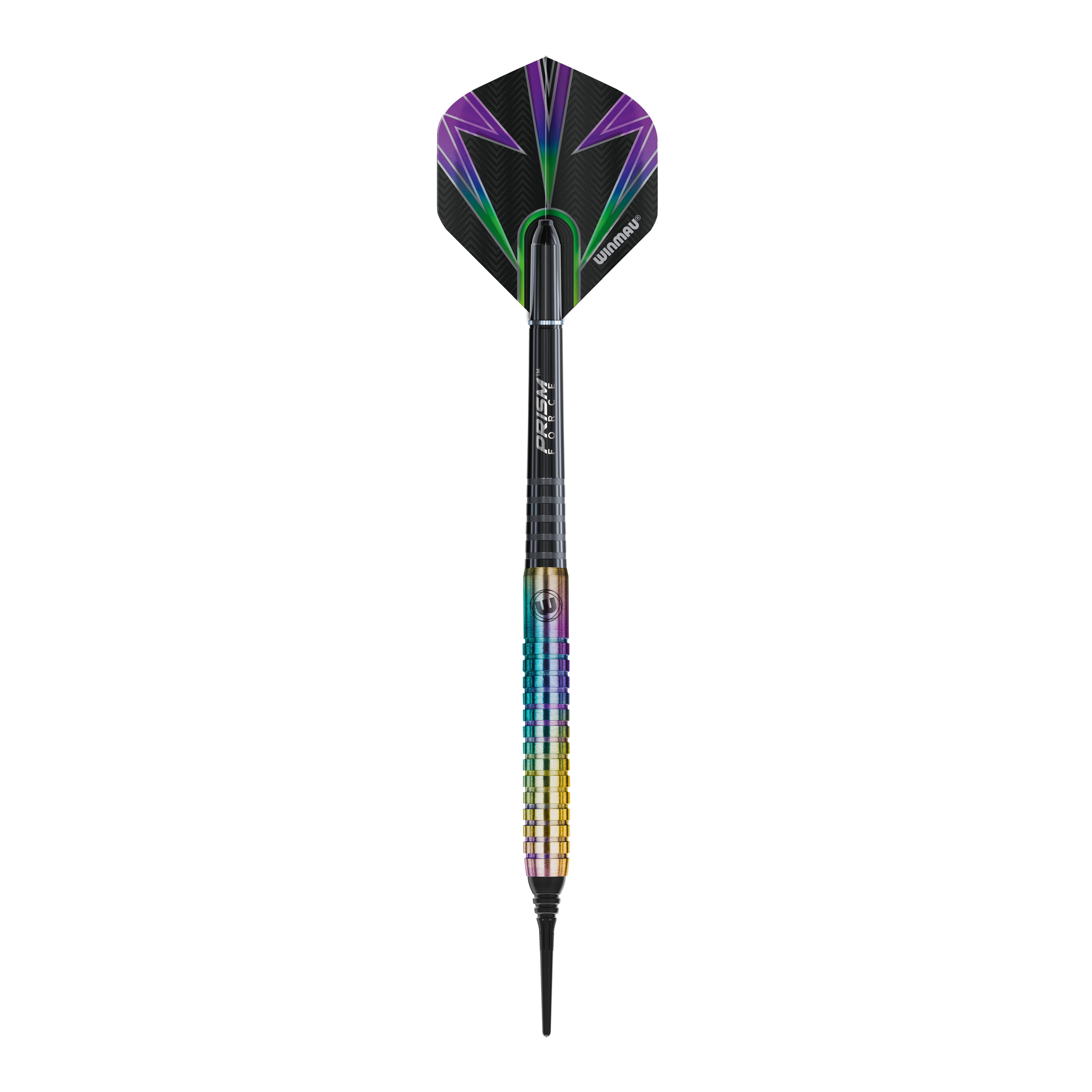 Winmau Foxfire Urban Soft Darts - 20g Das Bild zeigt den Winmau Foxfire Urban Softdart mit einem Gewicht von 20g. Der Dartpfeil hat ein farbenfrohes Design mit schwarzen, lila und grünen Akzenten.