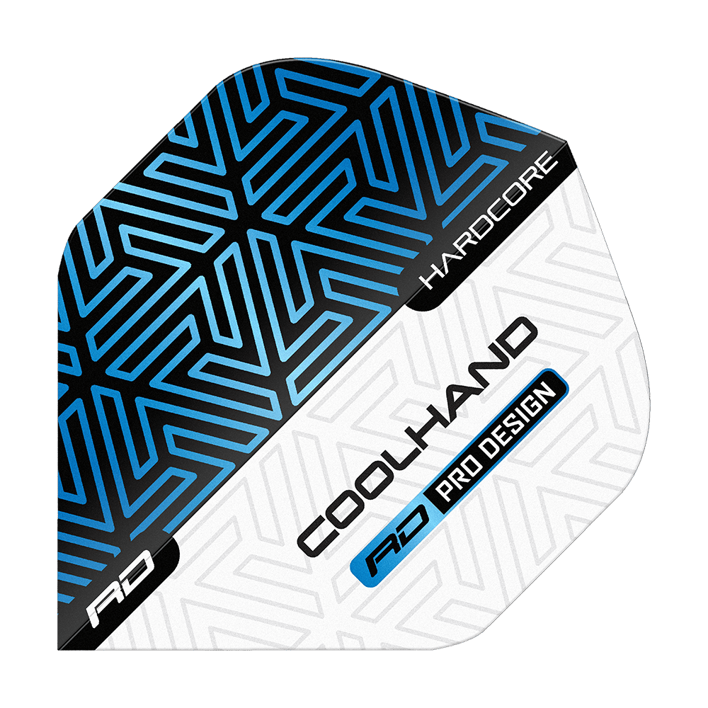 Red Dragon Hardcore Luke Humphries Blue White Premium Standard Flights Das Bild zeigt ein Dartflight in Blau, Schwarz und Weiß mit geometrischem Muster. Auf dem Flight stehen die Wörter „HARDCORE“, „COOLHAND“ und „RD PRO DESIGN“.