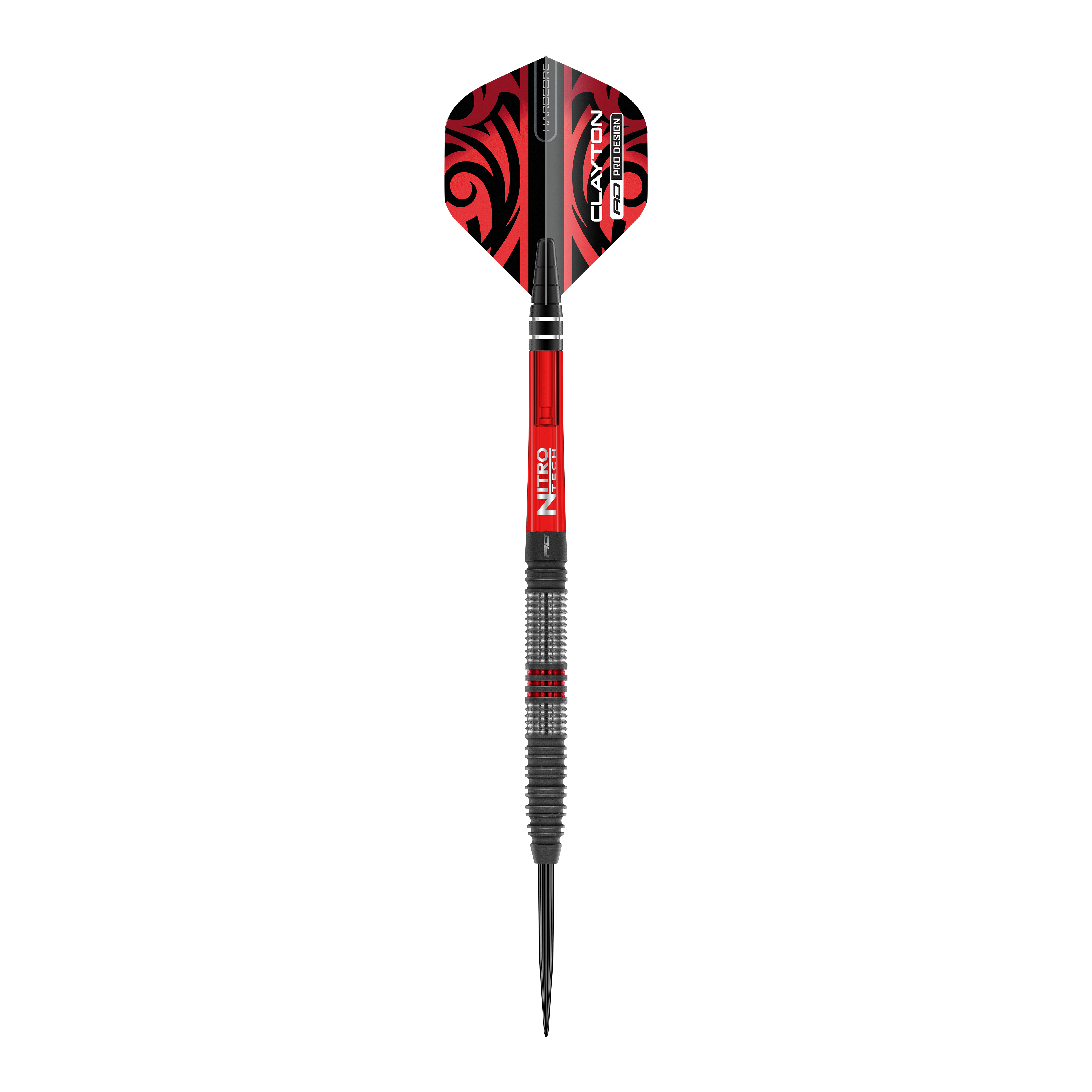 Red Dragon Jonny Clayton Hiraeth steel darts Das Bild zeigt einen Red Dragon Jonny Clayton Hiraeth Steeldart. Der Dart ist in Schwarz und Rot gehalten und hat auffällige Muster auf den Flights.