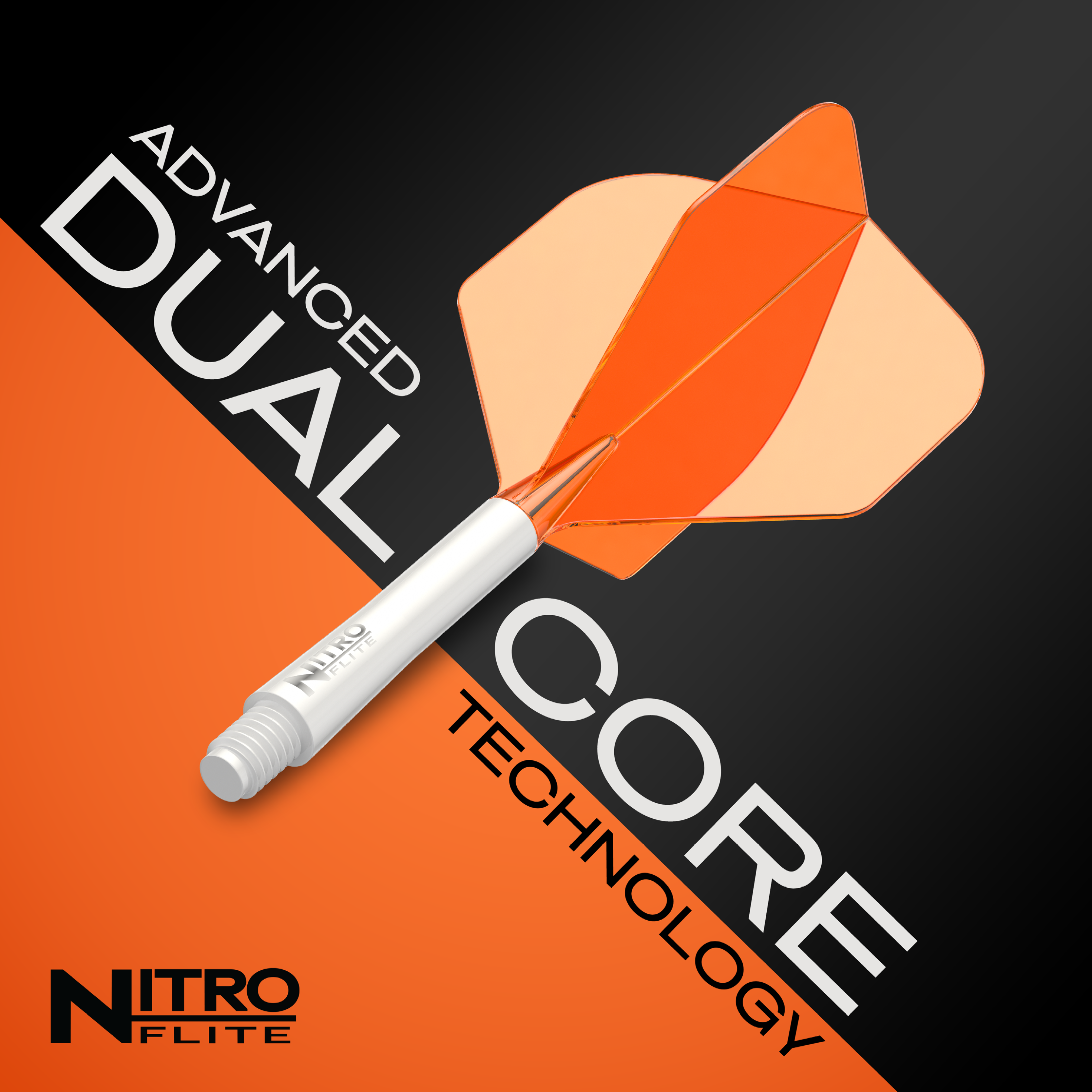 Gezeigt wird das Produkt Red Dragon Nitroflite White Shaft Orange Flights No2. Es handelt sich um einen weißen Dart-Schaft mit orangefarbenen Flights.