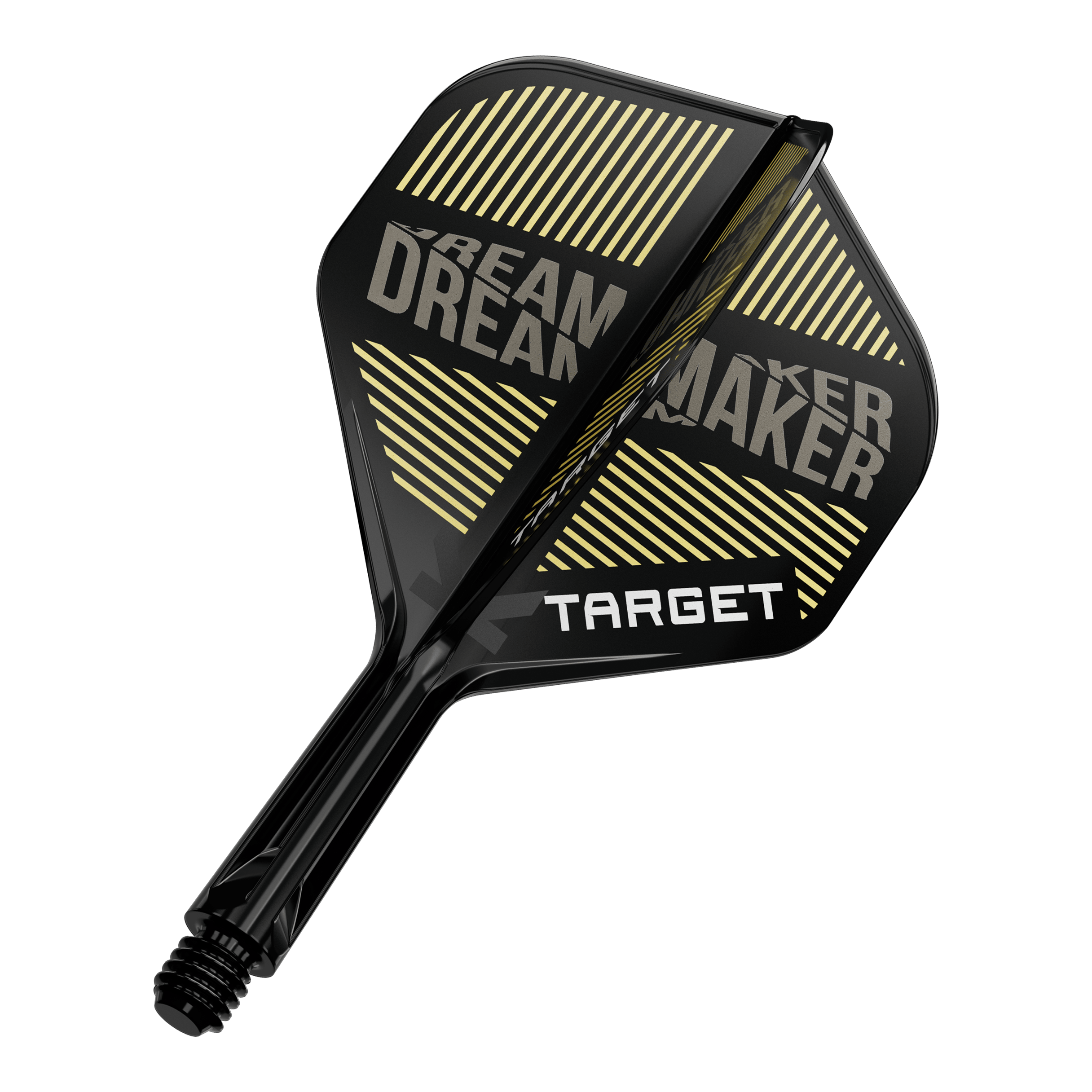 Target K-Flex Dimitri Van Den Bergh No2 Standard Flight Shaft System Auf dem Bild ist ein schwarzer Dart-Flügel mit gelben Streifen und dem Schriftzug „DREAM MAKER“ zu sehen. Darauf steht außerdem das Wort „TARGET“ in weißen Buchstaben.