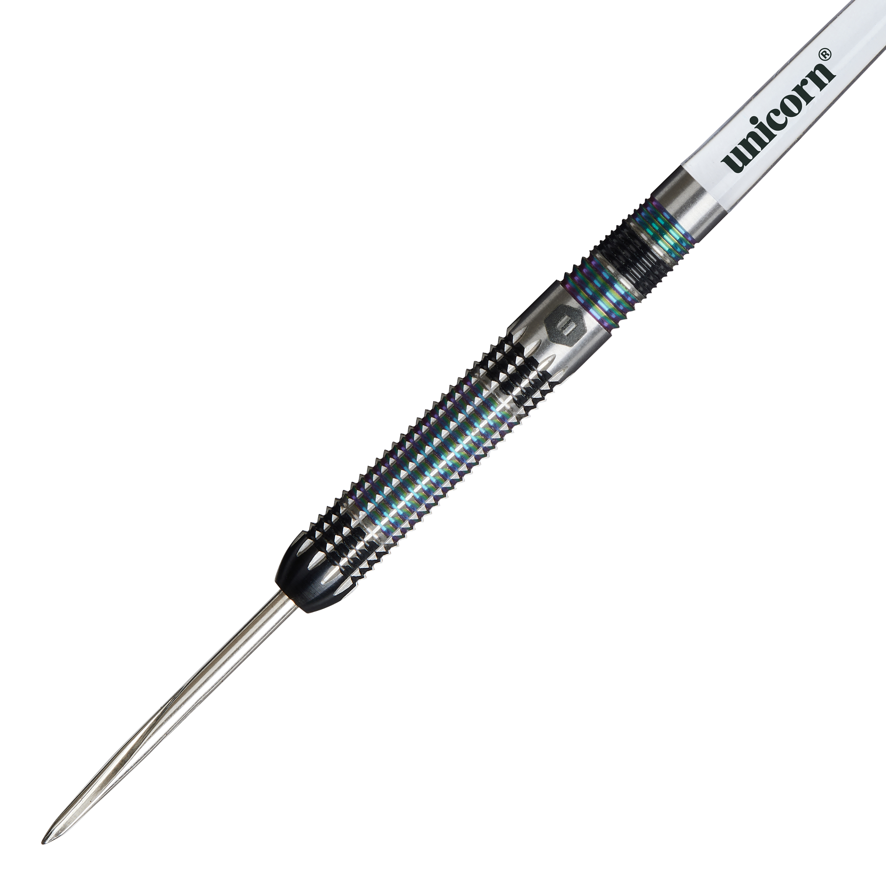 Das Bild zeigt einen Unicorn Iris Steeldart mit einer spitzen Metallspitze und einem geriffelten Griff. Auf dem Schaft steht der Markenname "unicorn".