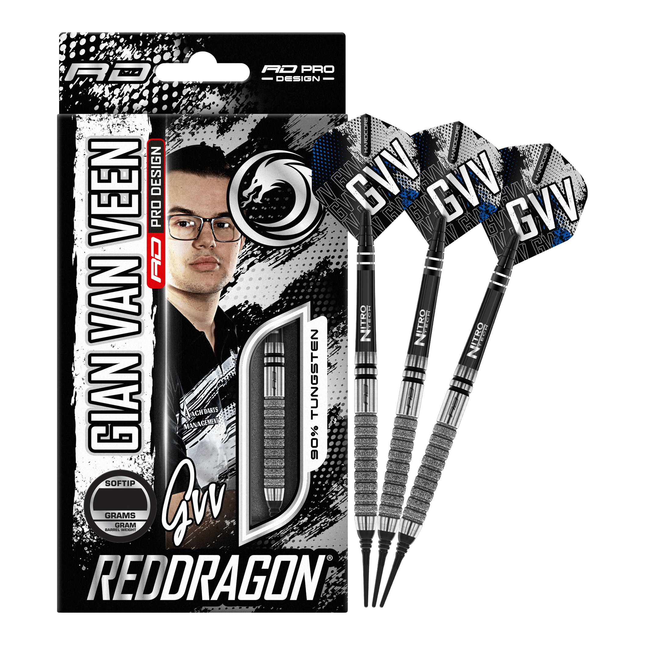 Das Bild zeigt die "Red Dragon Gian Van Veen Tour Edition Softdarts - 20g" mit Verpackung und drei Darts. Auf der Verpackung ist ein Porträt von Gian Van Veen sowie die Produktinformationen zu sehen.