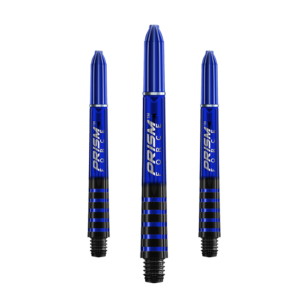 7020-403_Winmau_Prism_Force_Shafts_Blau_41mm_1 Das Bild zeigt drei blaue Winmau Prism Force Shafts für Dartpfeile. Die Shafts haben ein glänzendes Design mit schwarzen Streifen und weißer Aufschrift.