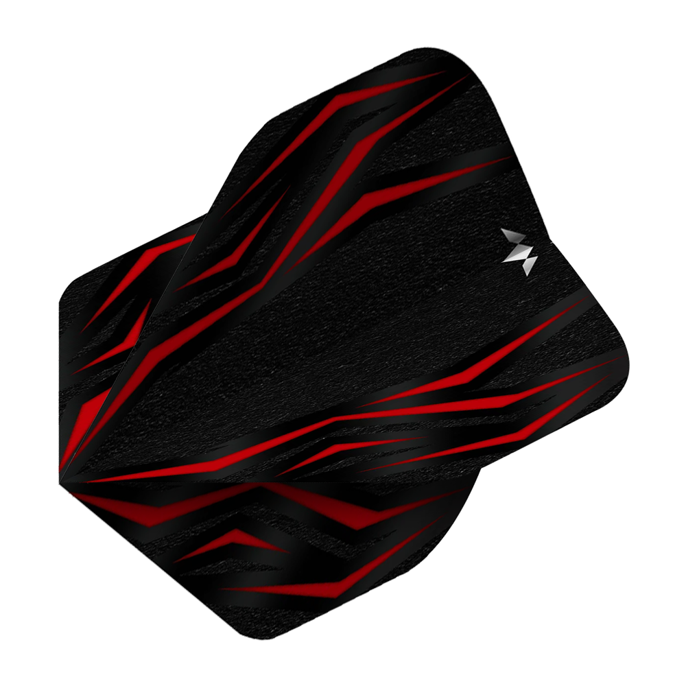 Auf dem Bild ist das Produkt Mission Lava Red No6 Flights zu sehen. Es handelt sich um rote Flights für Darts.