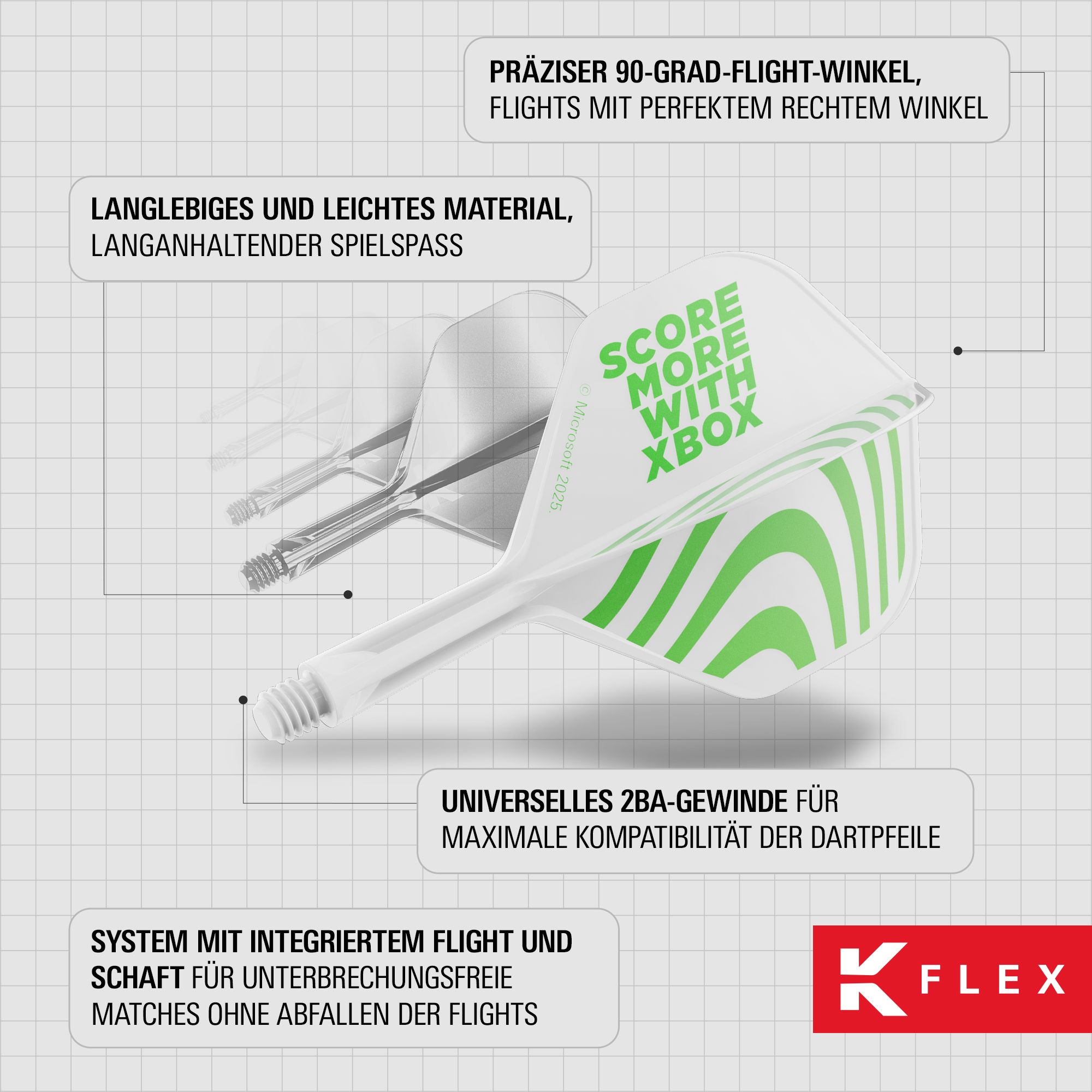 Abgebildet sind die Target Xbox K-Flex No2 Standard Flights in Weiß. Sie sind speziell für Xbox Dartpfeile konzipiert.