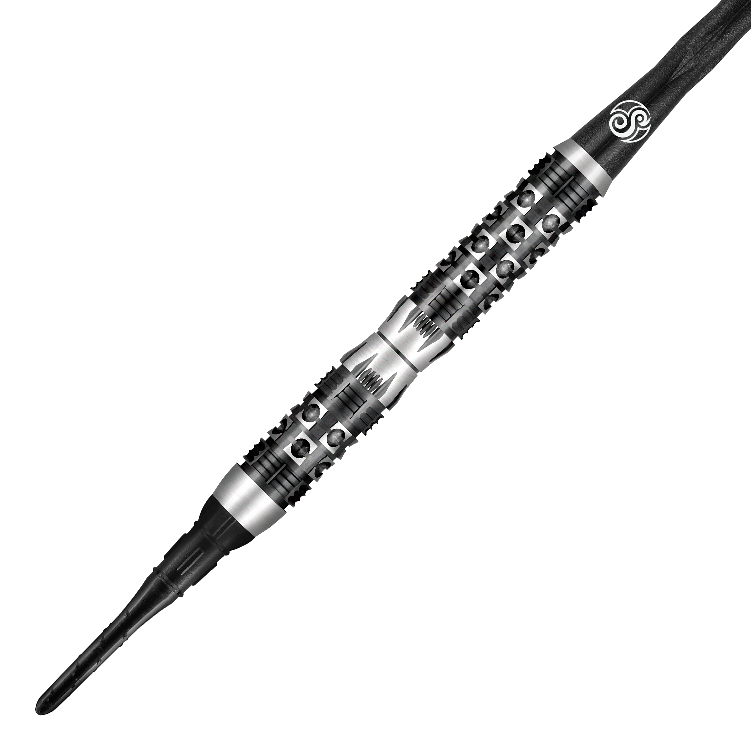 Shot Viking Wolf soft darts - 20g Auf dem Bild ist der "Shot Viking Wolf Softdart - 20g" zu sehen. Der Dartpfeil hat ein markantes, silber-schwarzes Design mit auffälligen Griffmulden und einer robusten Spitze.
