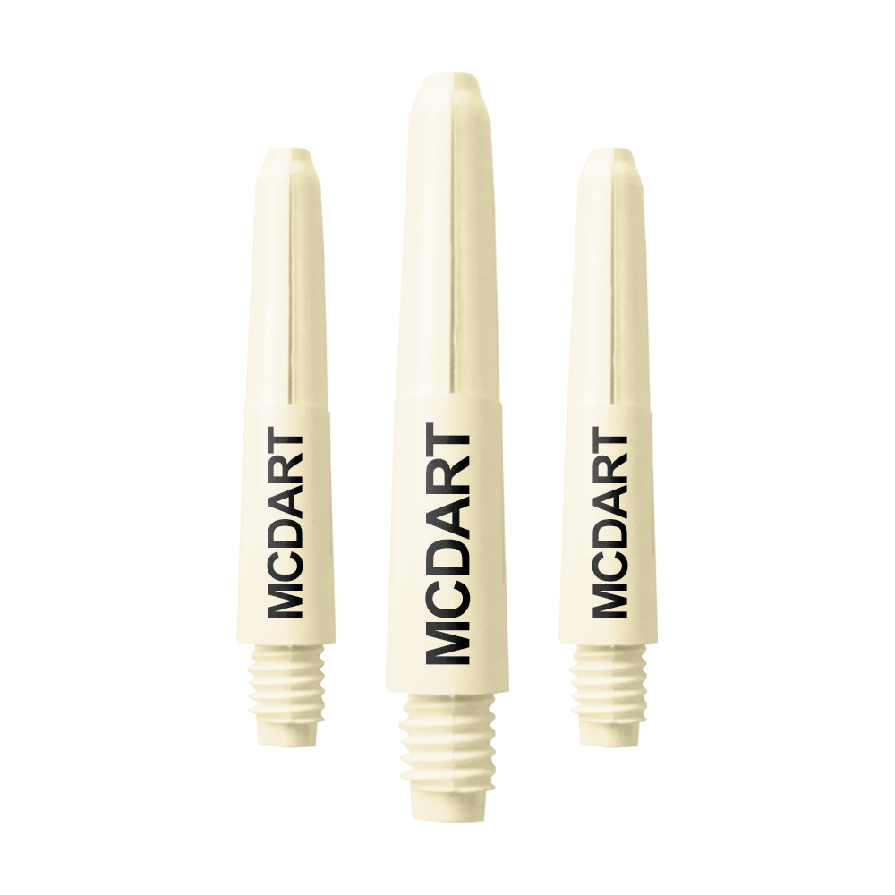 MD-604_Nylon_Shafts_mit_Wunschdruck_Naturweiss_28mm_1 Auf dem Bild sind drei naturweiße Dartschäfte aus Nylon zu sehen. Auf jedem Schaft steht der Schriftzug "MCDART".