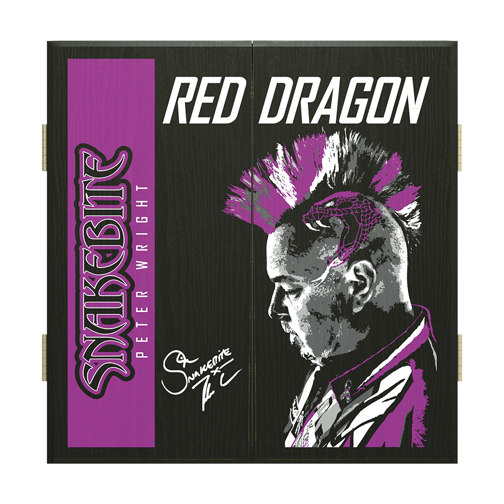 Z0169_Red_Dragon_Peter_Wright_Dartboard_Cabinet_1 Das Bild zeigt den "Red Dragon Peter Wright Dartboard Kabinet" mit einem markanten Porträt von Peter Wright und seiner typischen Frisur. Auf dem Schrank stehen die Wörter „Red Dragon“ und „Snakebite Peter Wright“ mit lila Akzenten.