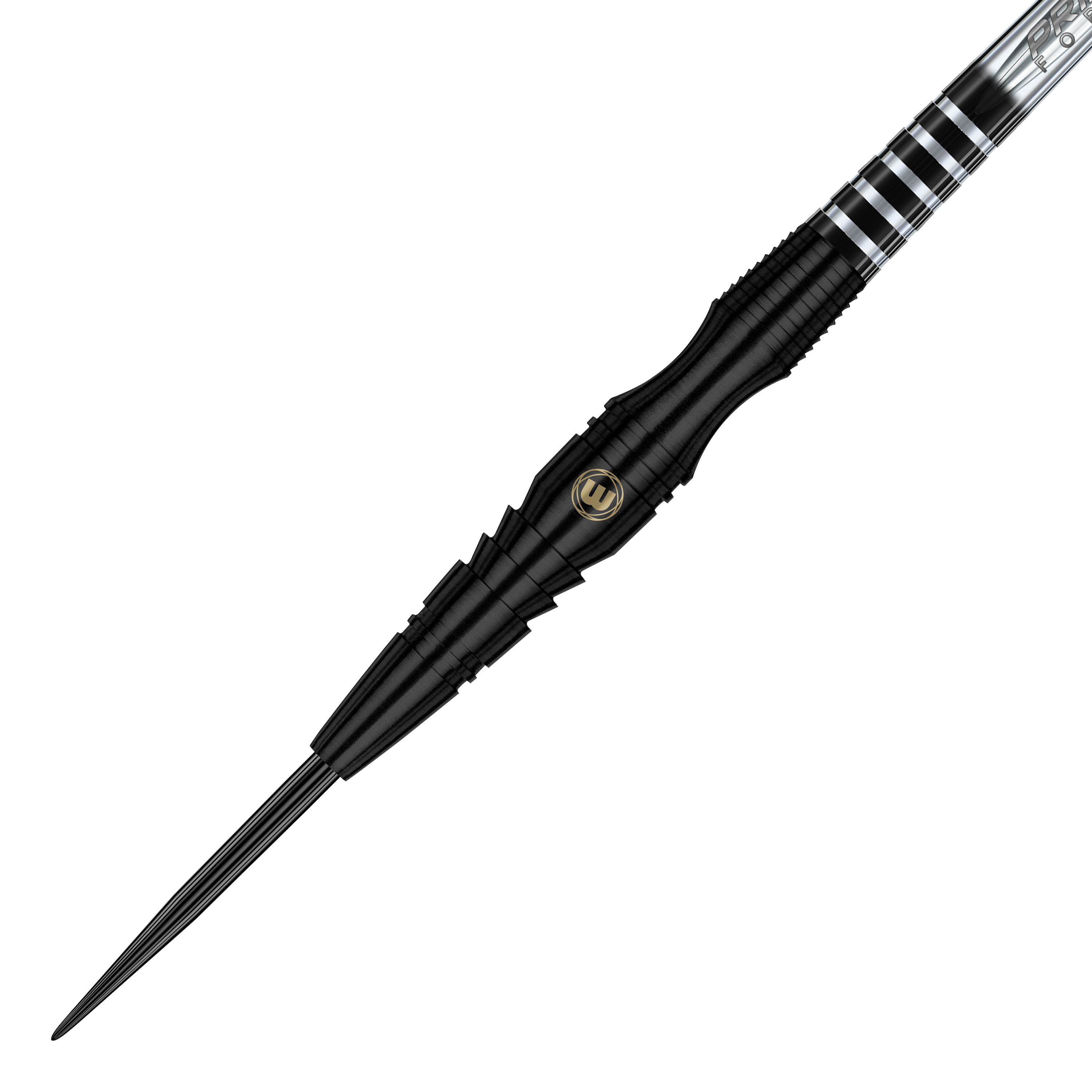 Winmau Sniper Black steel darts Das Bild zeigt einen Winmau Sniper Black Steeldart. Der Dart ist schwarz mit silbernen Akzenten und hat eine schlanke, moderne Form.