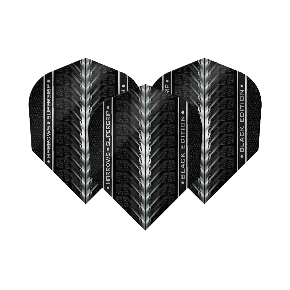 Das Bild zeigt die "Harrows Supergrip Black-Edition No6 Flights" in einem schwarzen Design mit silbernen Akzenten. Die Flights haben eine strukturierte Oberfläche und den Schriftzug "Harrows Supergrip Black Edition".