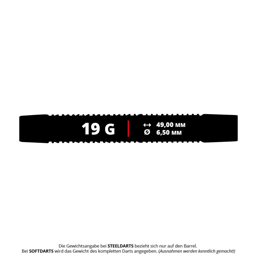 Unicorn Core XL Striker Style 1 Soft Darts - 19g Das Bild zeigt die Maße und das Gewicht des Produkts "Unicorn Core XL Striker Style 1 Softdarts - 19g". Der Dart wiegt 19 Gramm, ist 49,00 mm lang und hat einen Durchmesser von 6,50 mm.