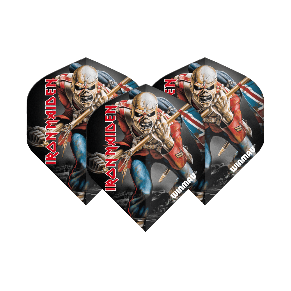 6905-224_Winmau_Rockstar_Legends_Iron_Maiden_Eddie_Standard_Flights_1odieKfvbhFz37 Auf dem Bild sind drei Dart-Flights zu sehen, die das Motiv von Eddie, dem Maskottchen der Band Iron Maiden, zeigen. Die Flights tragen die Aufschrift "IRON MAIDEN" und das Logo von Winmau.