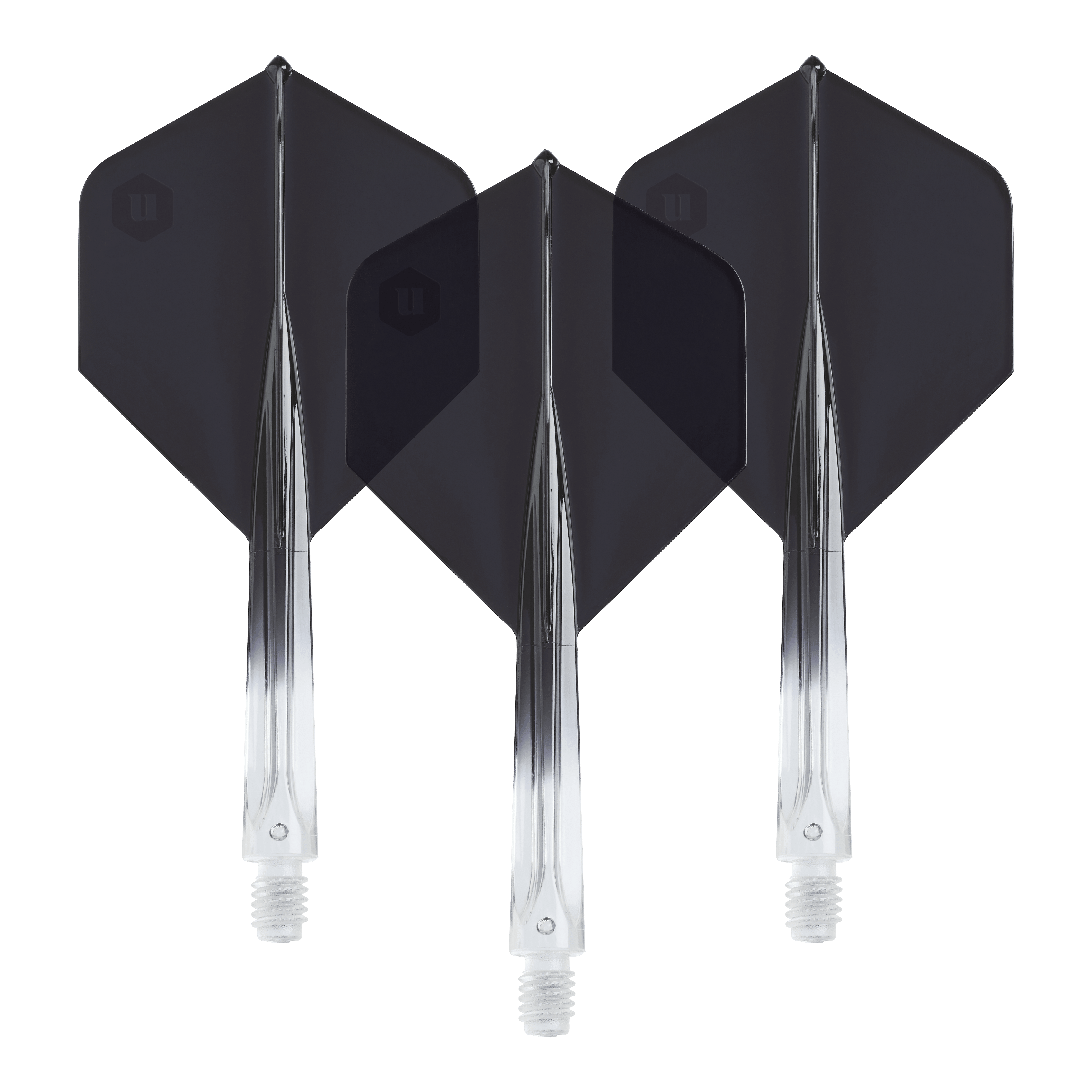 Die Unicorn Forge Two Tone No2 Standard Flights in Schwarz sind hier abgebildet. Das Produkt besteht aus klaren und schwarzen Dartflights.