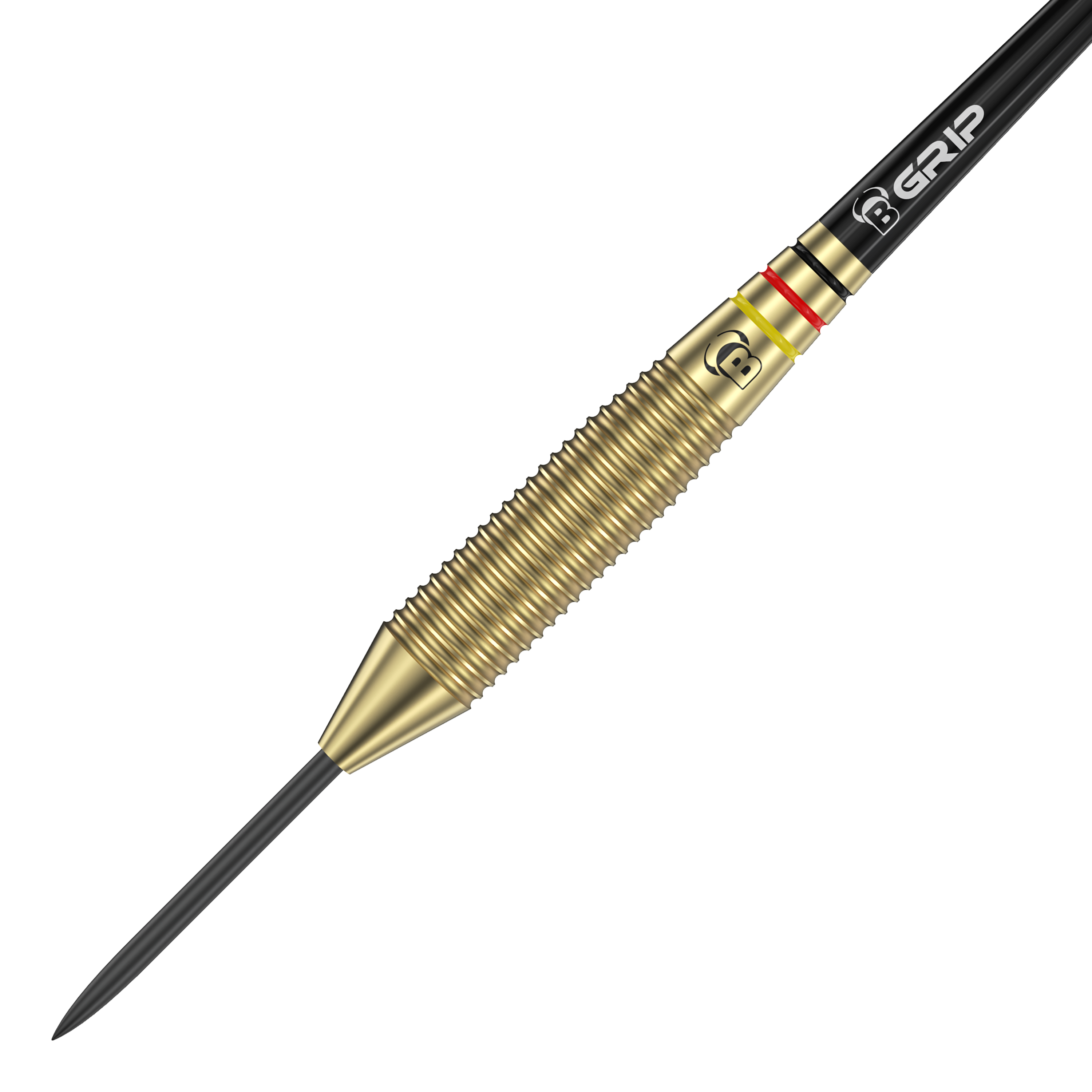 Bulls Martin Schindler The Wall Brass Steeldarts Auf dem Bild ist ein Bulls Martin Schindler The Wall Brass Steeldart zu sehen. Der Dart besitzt einen messingfarbenen, geriffelten Griffbereich und eine schwarze Spitze.