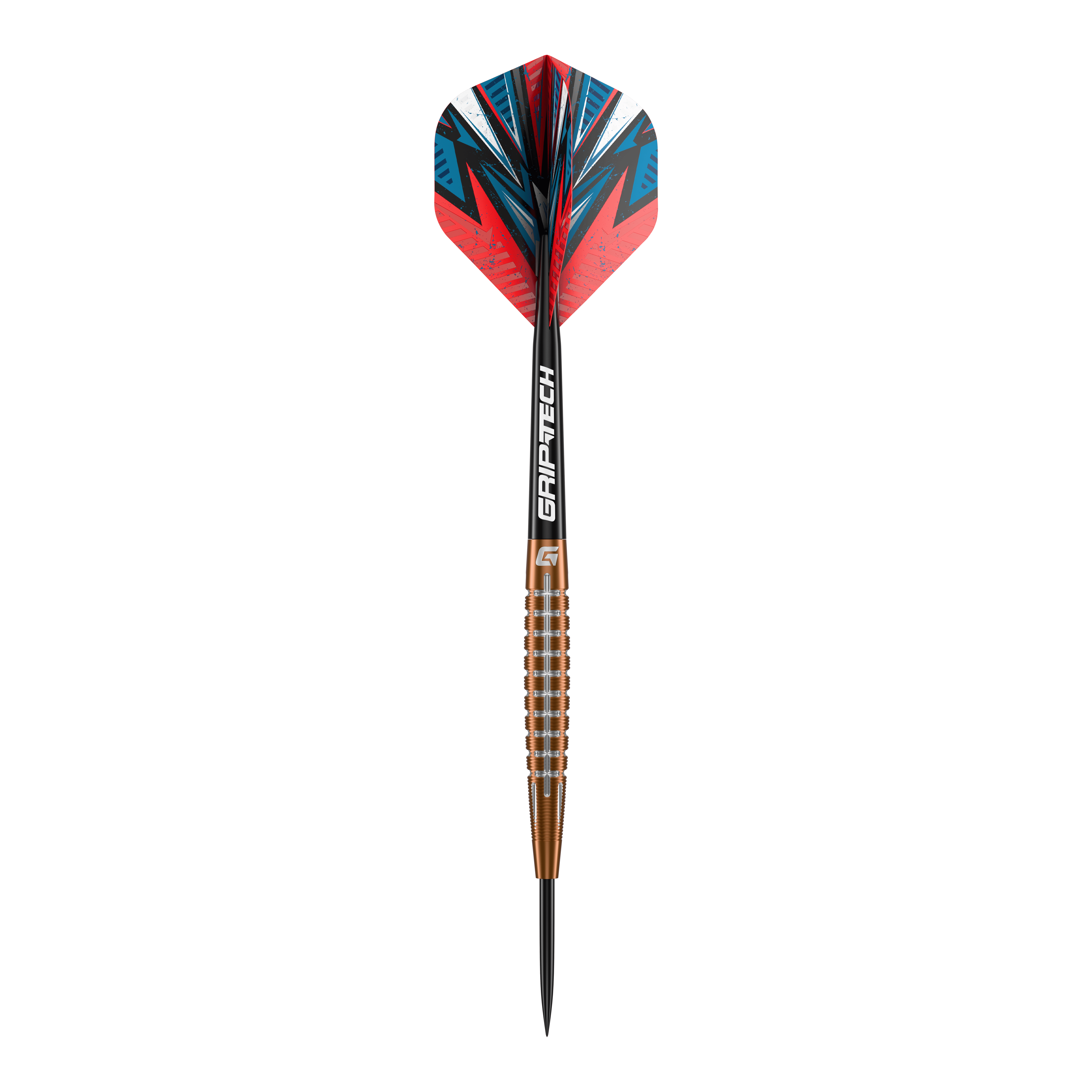 GOAT Quarterback V1 Tungsten Steel Darts Das Bild zeigt einen GOAT Quarterback V1 Tungsten Steeldart mit auffälligen roten und blauen Flights. Der Dart hat einen geriffelten, bronzefarbenen Schaft und eine schwarze Spitze.