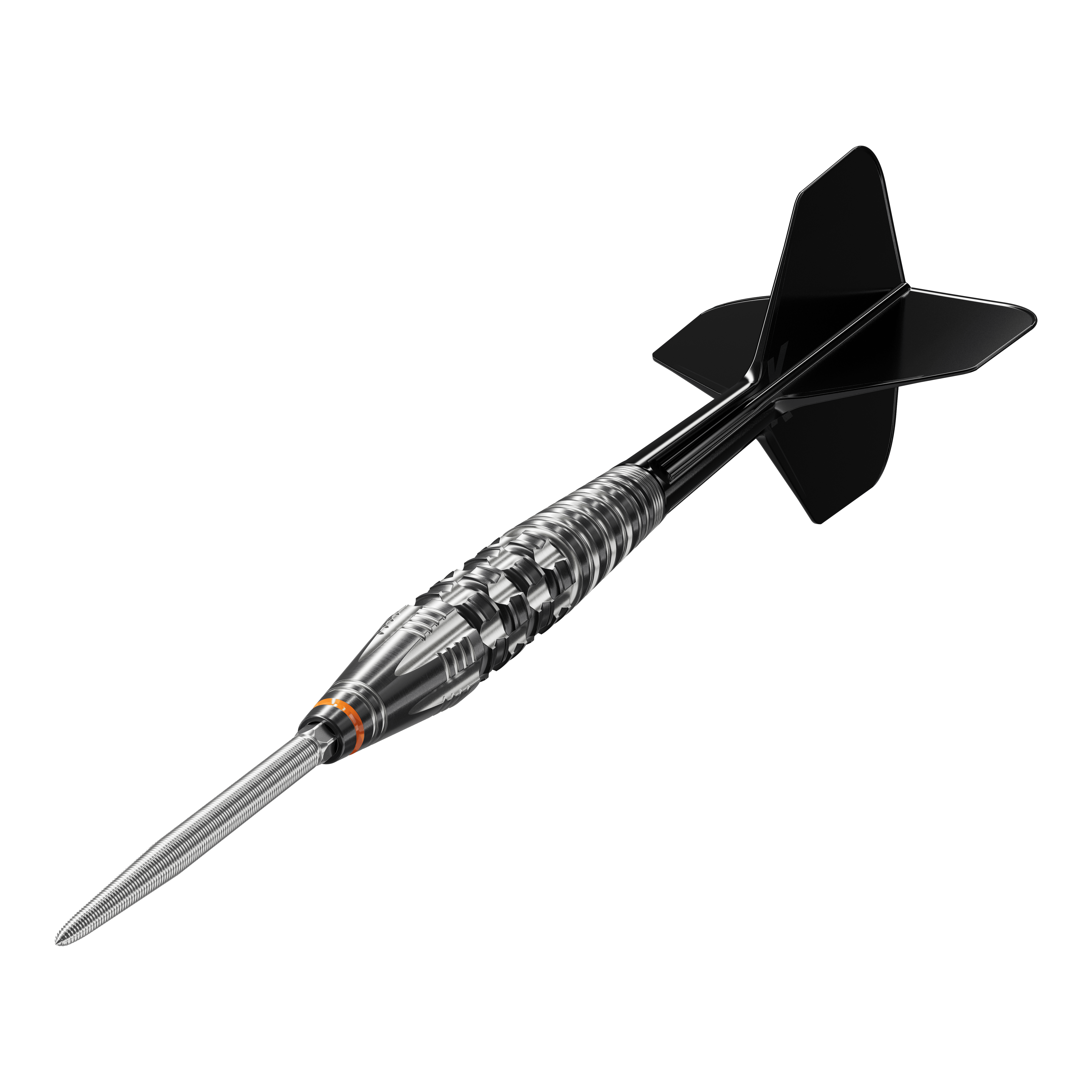 Target Japan Black Marque Dancing Duck GEN 4 steel darts Das Bild zeigt einen Steeldartpfeil mit schwarzer Spitze und schwarzen Flights, genannt "Target Japan Black Marque Dancing Duck GEN 4 Steeldarts". Der Dartpfeil hat ein silbernes, glänzendes Griffstück mit feinen Rillen und Gravuren.
