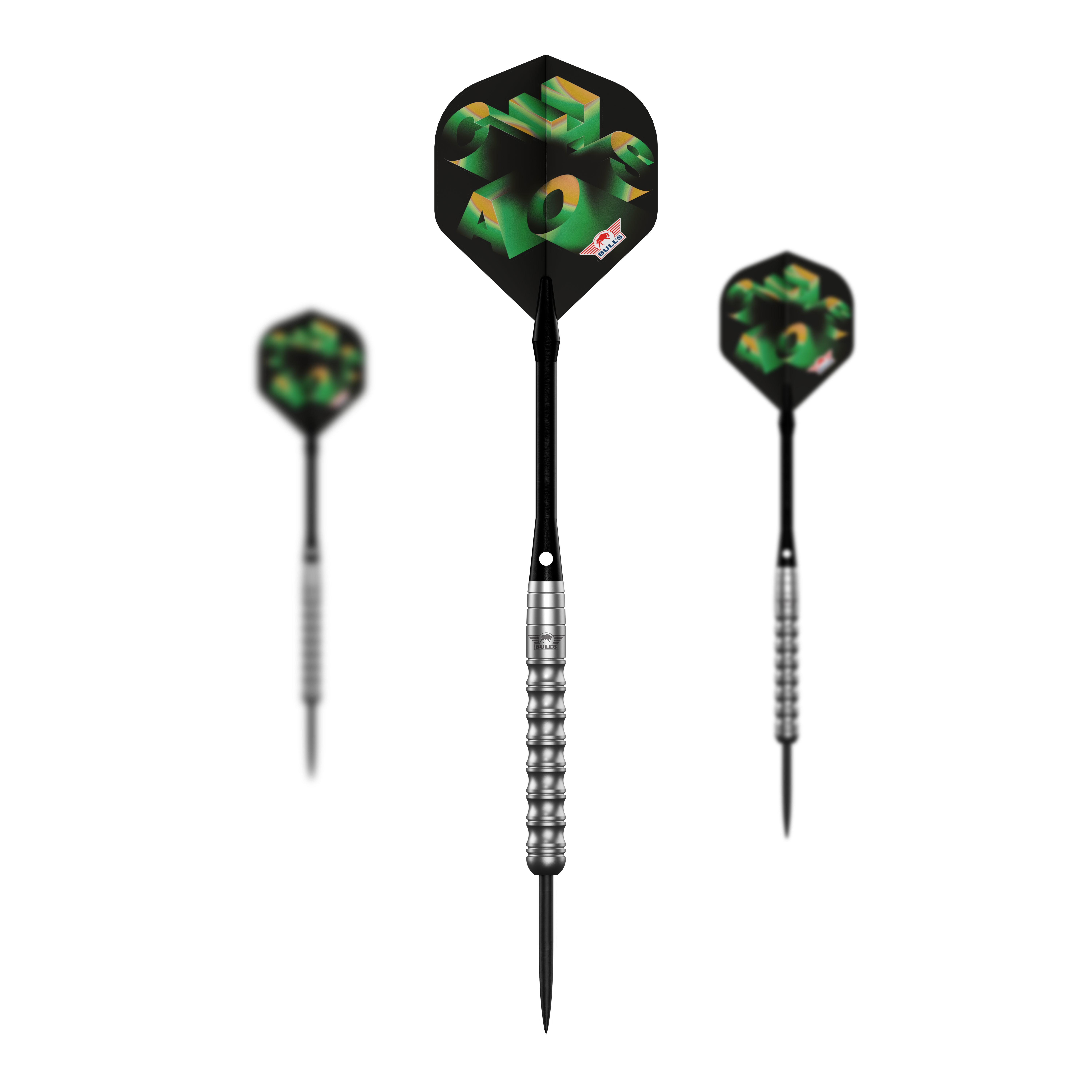 Abgebildet ist das komplette Set der Bulls NL Chaos Green Steeldarts - 24g. Das Set enthält mehrere grüne Steeldarts.