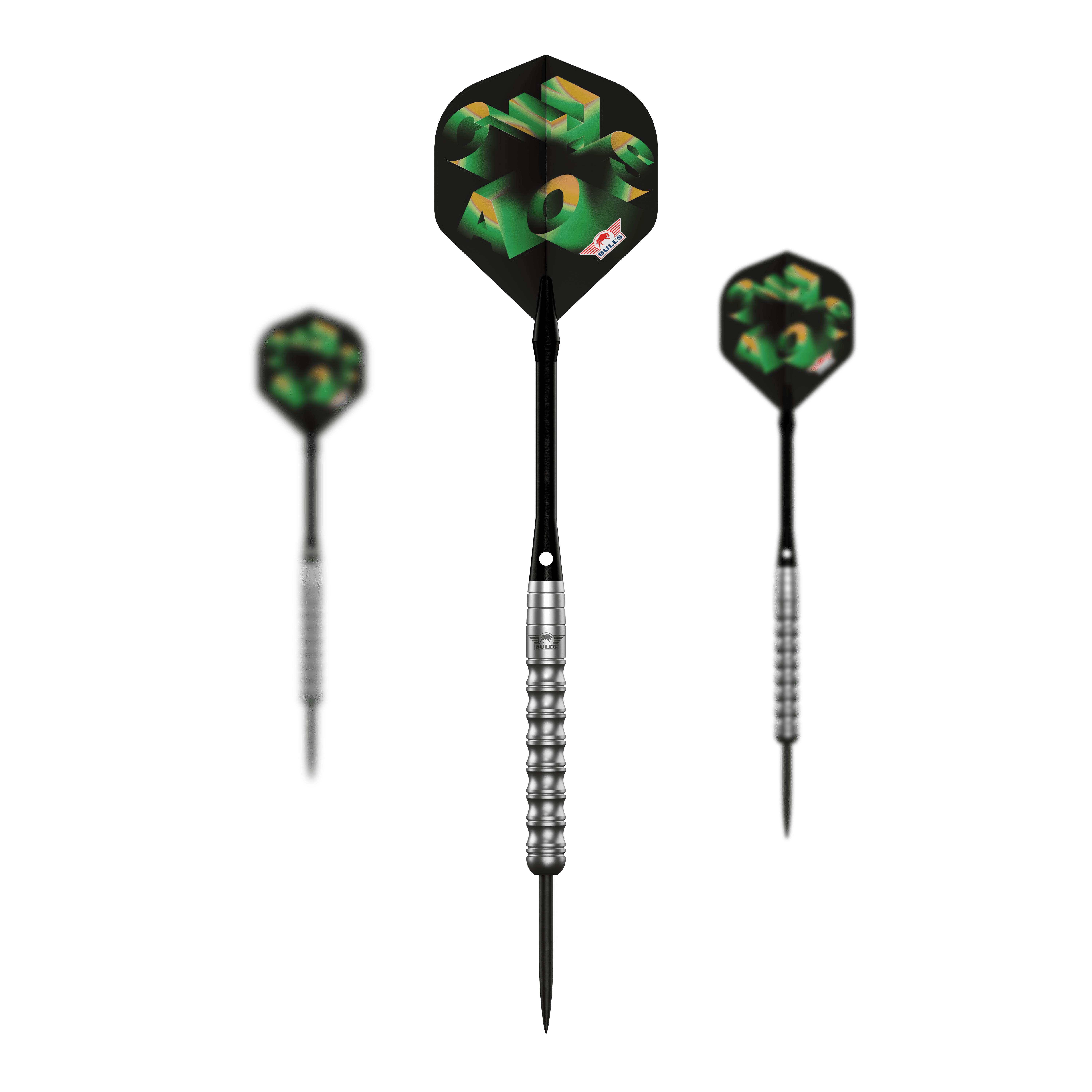 Bulls NL Chaos Green Steel Darts - 24g Abgebildet ist das komplette Set der Bulls NL Chaos Green Steeldarts - 24g. Das Set enthält mehrere grüne Steeldarts.