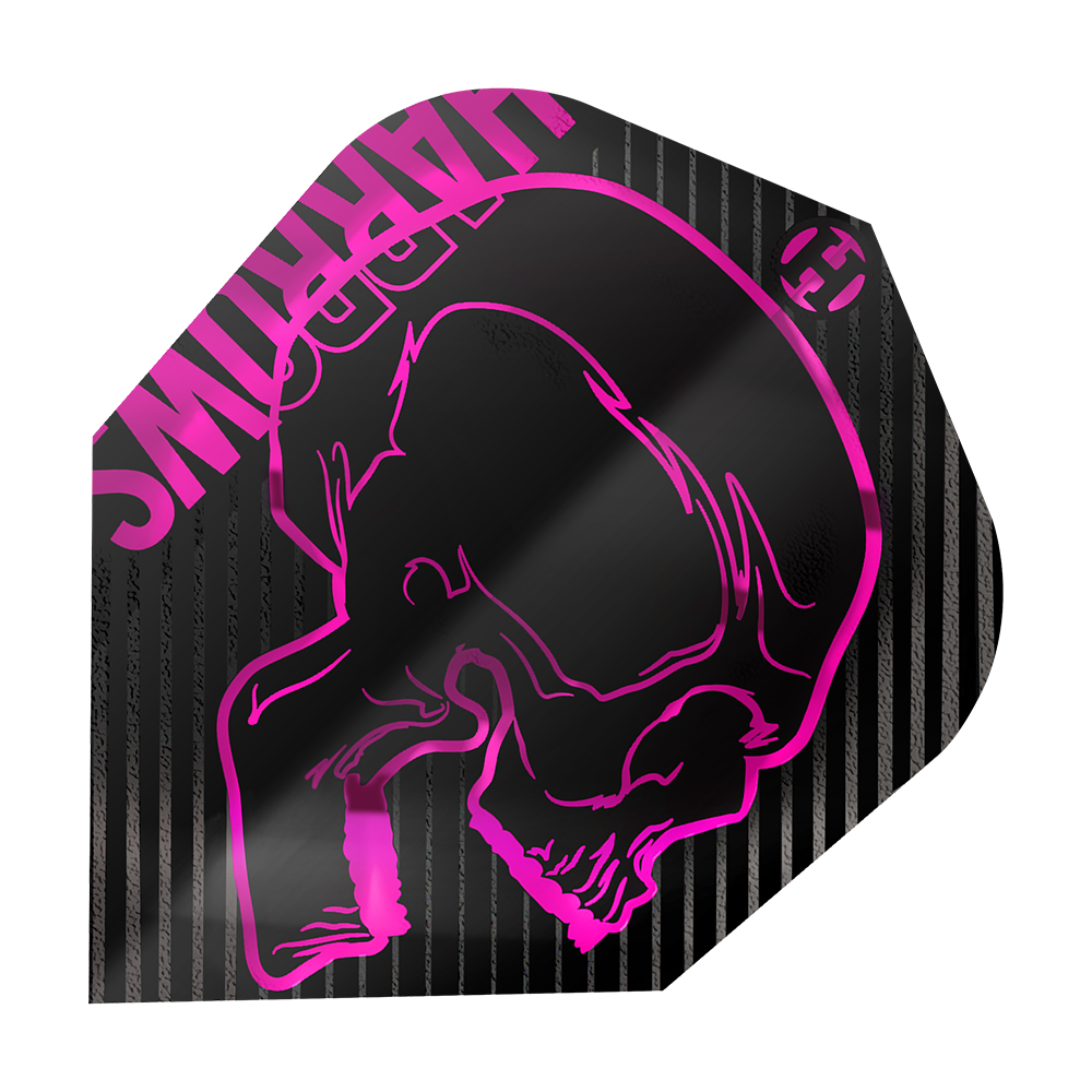 Harrows Rage Pink No6 Flights Das Bild zeigt das Produkt "Harrows Rage Pink No6 Flights". Es ist ein schwarzes Dartflight mit einem pinken Totenkopf und pinken Streifen.