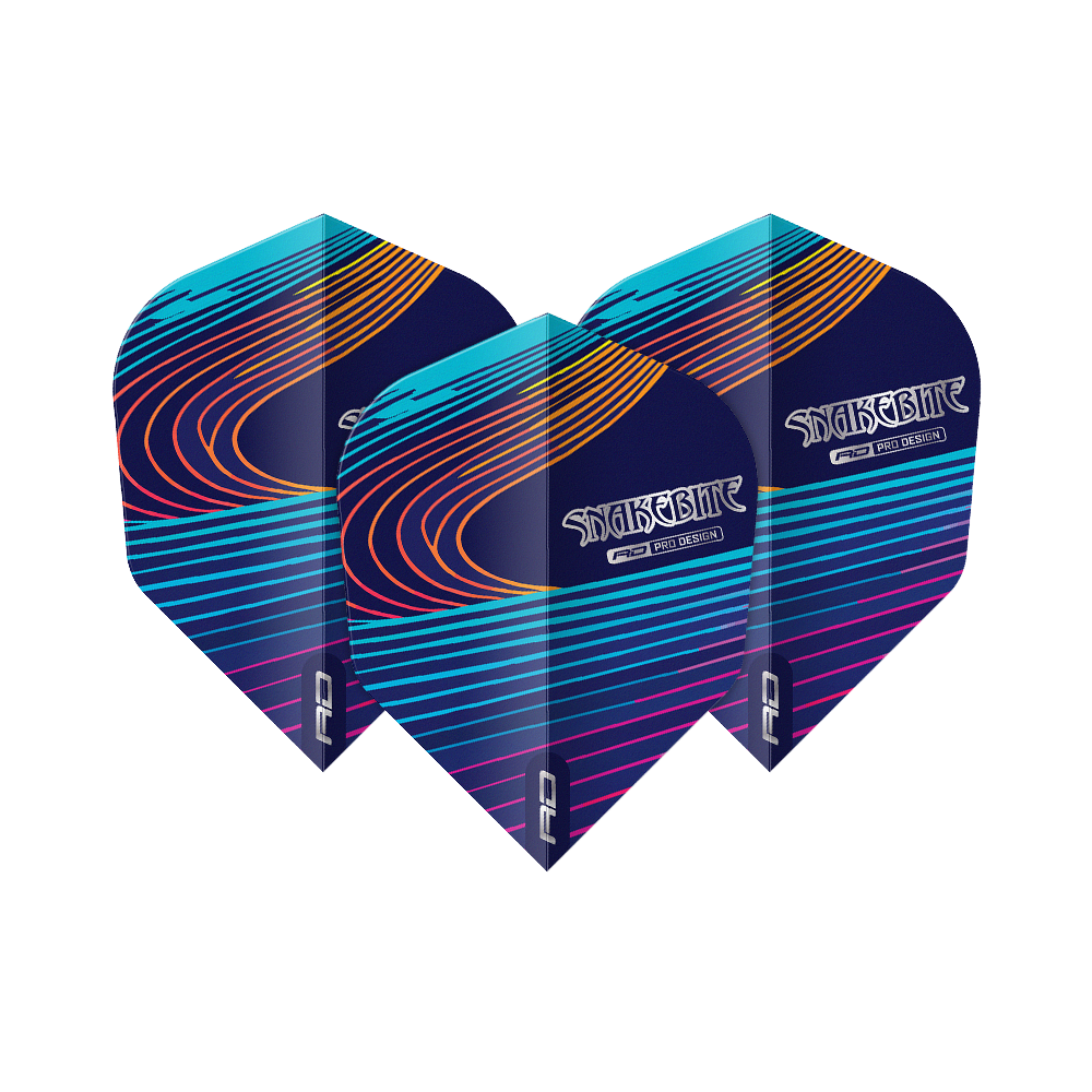 Das Bild zeigt drei Dart-Flights mit dem Namen "Red Dragon Peter Wright Snakebite Multi No6 Flights". Die Flights sind dunkelblau mit bunten, geschwungenen Linien und dem Schriftzug "Snakebite".