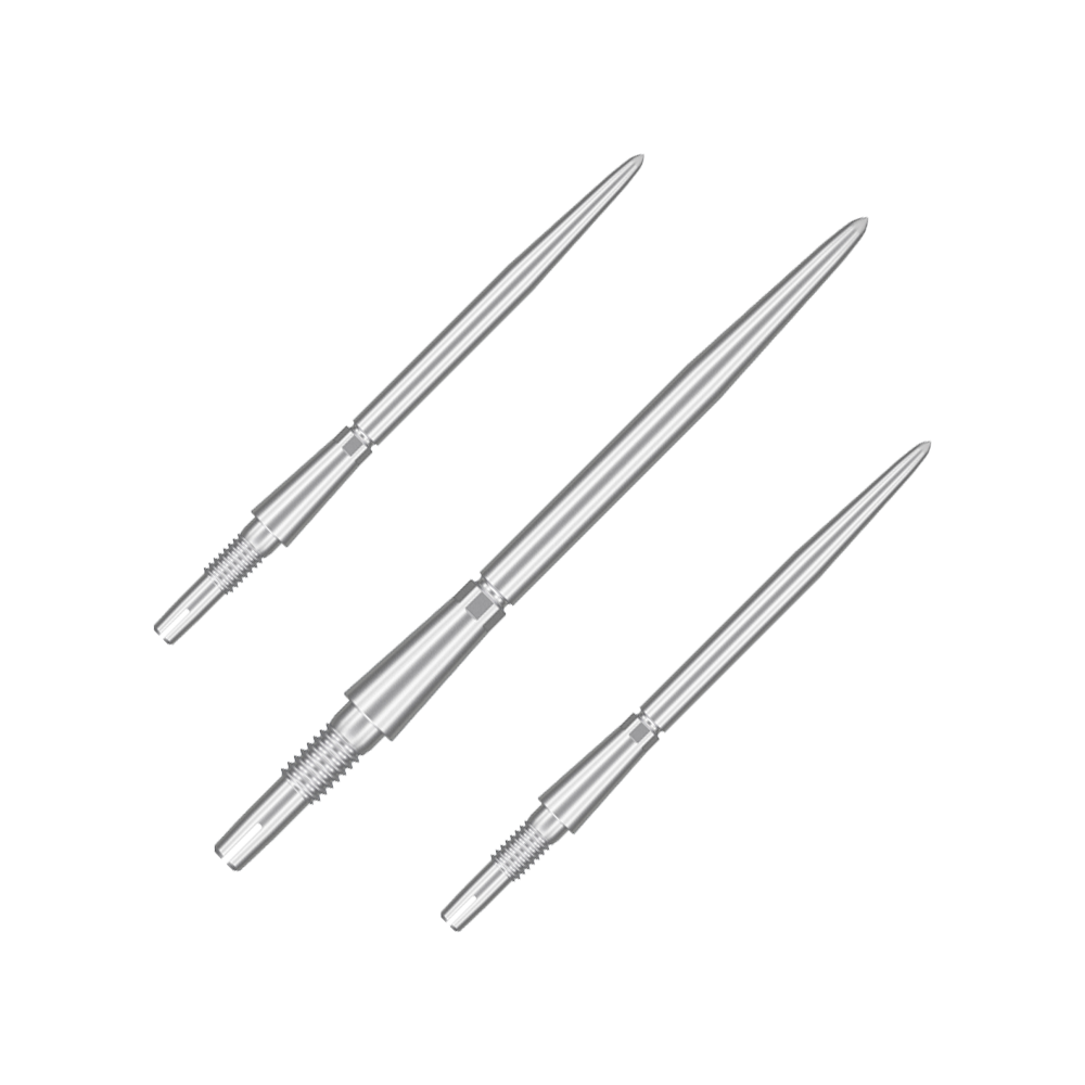 Target Swiss Storm Point dart tips - silver Das Bild zeigt drei silberne Dartspitzen. Sie sind nebeneinander auf weißem Hintergrund angeordnet.