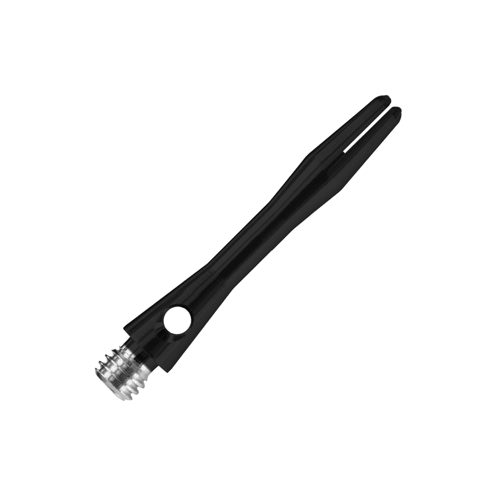 Das Bild zeigt einen Harrows Keramic Shaft in mattem Schwarz. Der Schaft hat ein elegantes, glattes Design mit einem silbernen Gewinde am Ende.