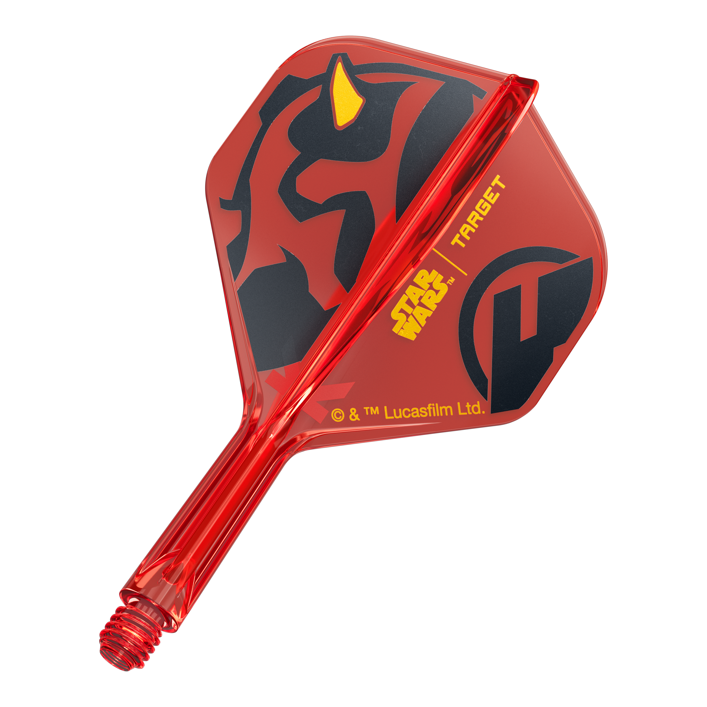 Target Star Wars K-Flex Darth Maul No2 Standard Flights Das Bild zeigt den Artikel 410523_Target_StarWars_KFlex_DarthMaul_No2_Standard_Flights_Short_19mm_1. Es handelt sich vermutlich um kurze Dart-Flights mit Star Wars Darth Maul Design.