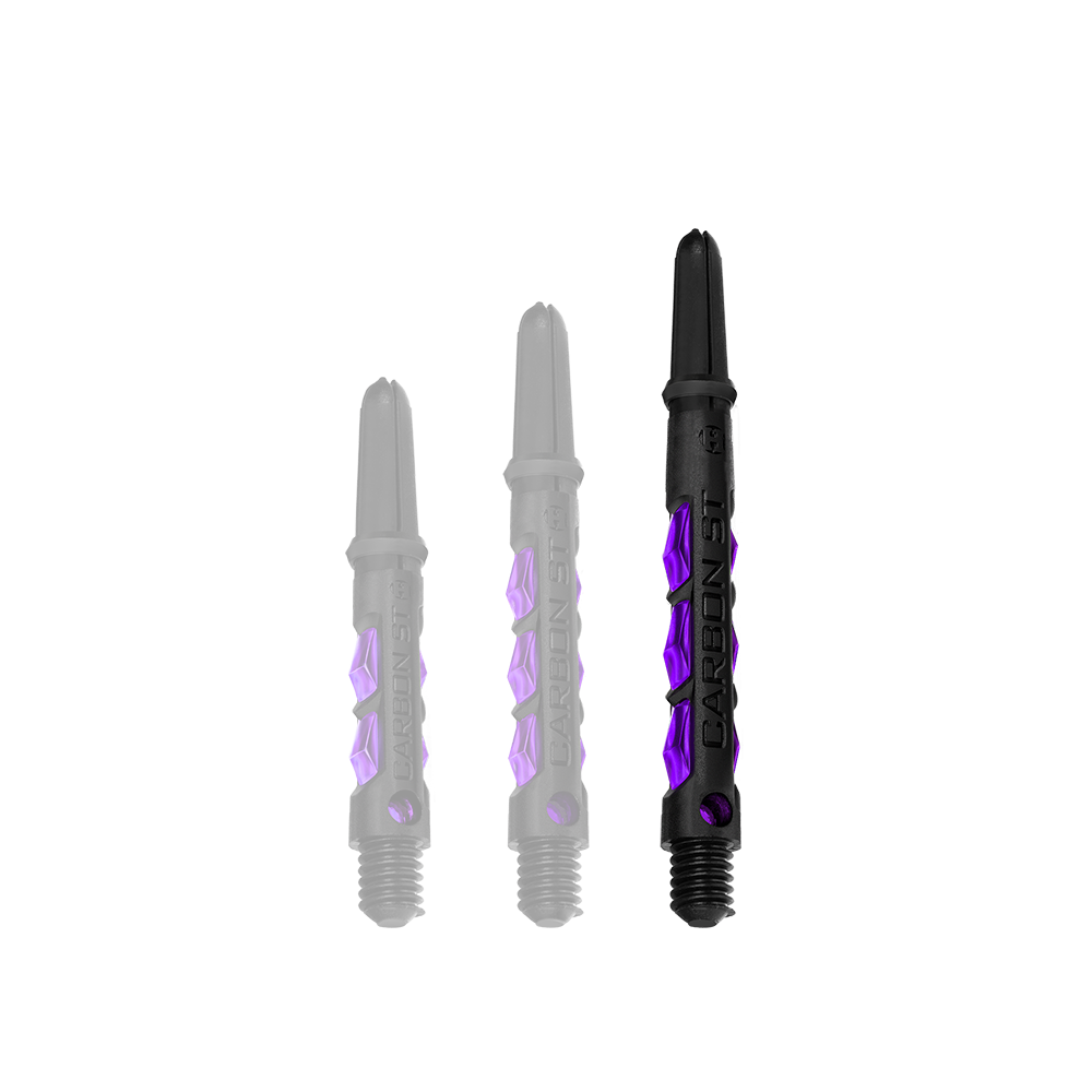 HR427_Harrows_Carbon_ST_Shafts_Lila_47mm_1fKZm06IDEpla7 Das Bild zeigt drei Dartschäfte des Modells "Harrows Carbon ST Shafts - Lila" in verschiedenen Längen. Die Schäfte sind schwarz mit auffälligen lila Akzenten gestaltet.