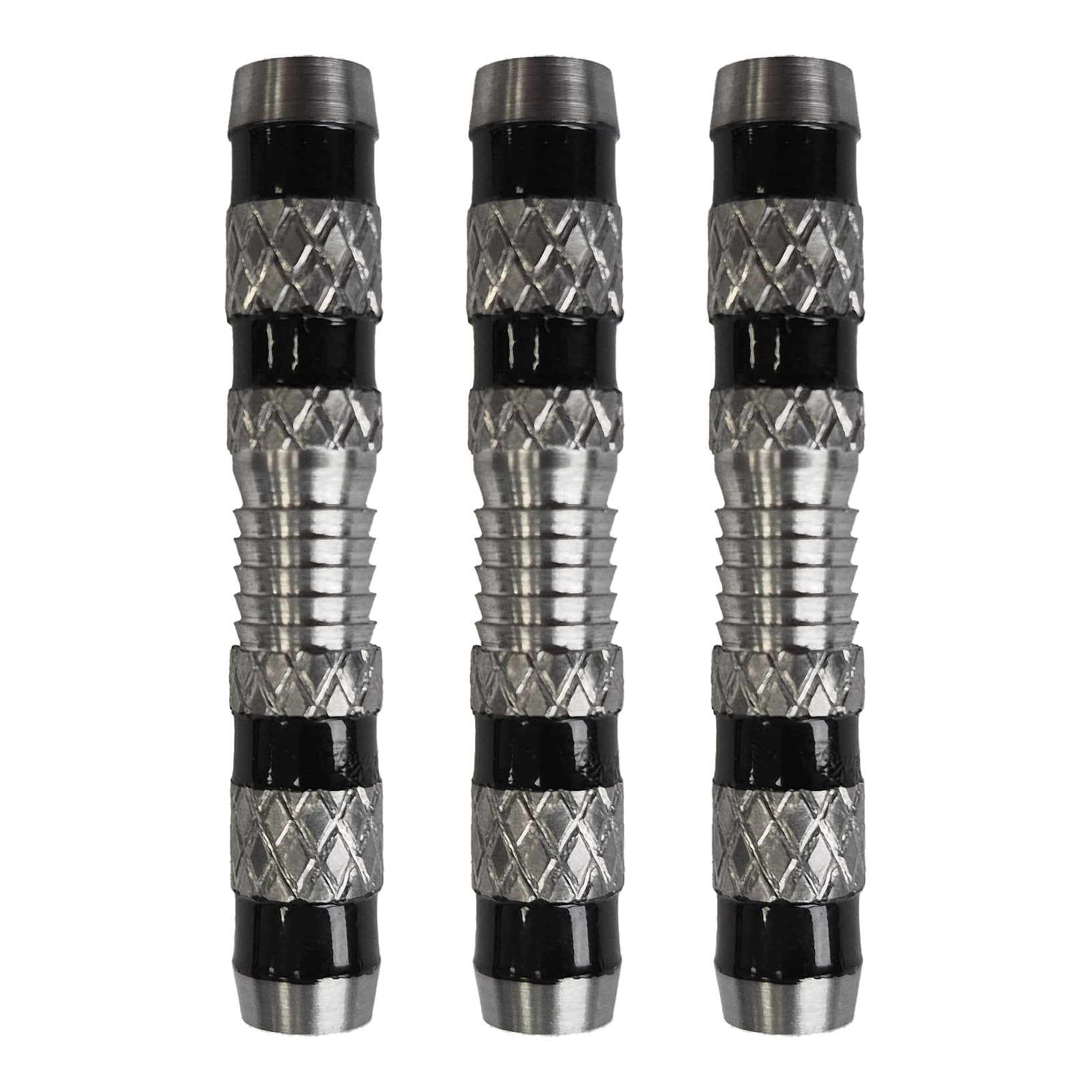 McDart Knurled Grip Soft Dart Barrels - 18g Das Bild zeigt drei silberne Softdart-Barrels mit einem geriffelten Griff und schwarzen Rillen. Es handelt sich um das Produkt „McDart Knurled Grip Softdart-Barrels - 18g“.