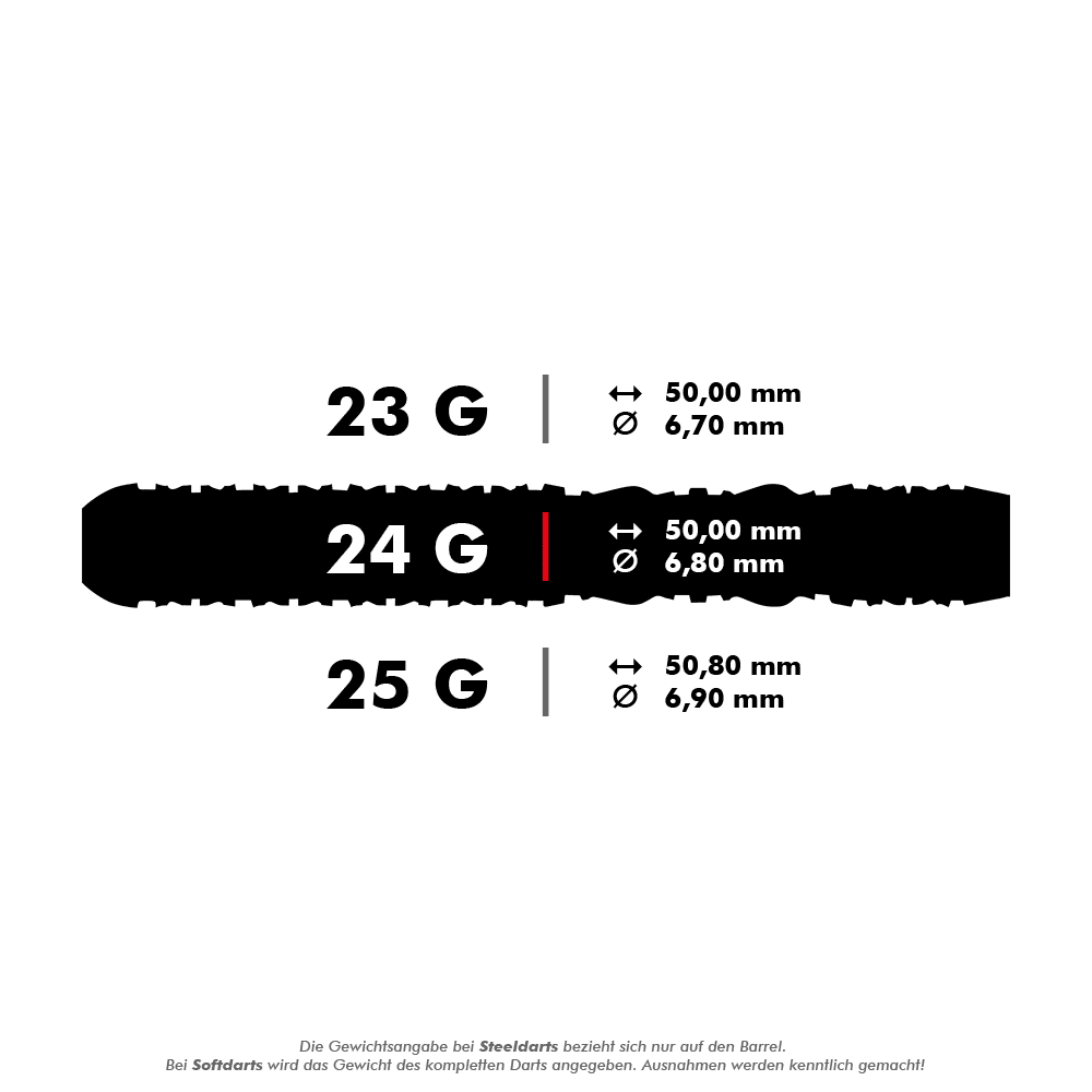 Shot Roman Empire Juno steel darts Das Bild zeigt drei verschiedene Varianten von Steeldarts mit den Gewichten 23 g, 24 g und 25 g sowie deren jeweilige Maße. Die genauen Längen und Durchmesser der Darts sind für jede Gewichtsklasse angegeben.