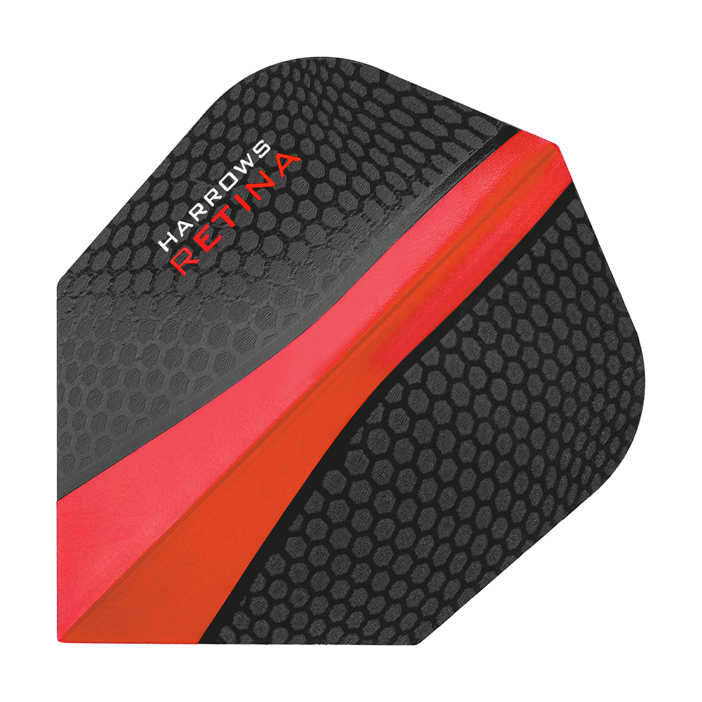 HR64_Harrows_Retina_Rot_No2_Standard_Flights_1 Das Bild zeigt ein Harrows Retina Rot No6 Flight. Das Flight ist schwarz mit einer roten Linie und einem wabenförmigen Muster.