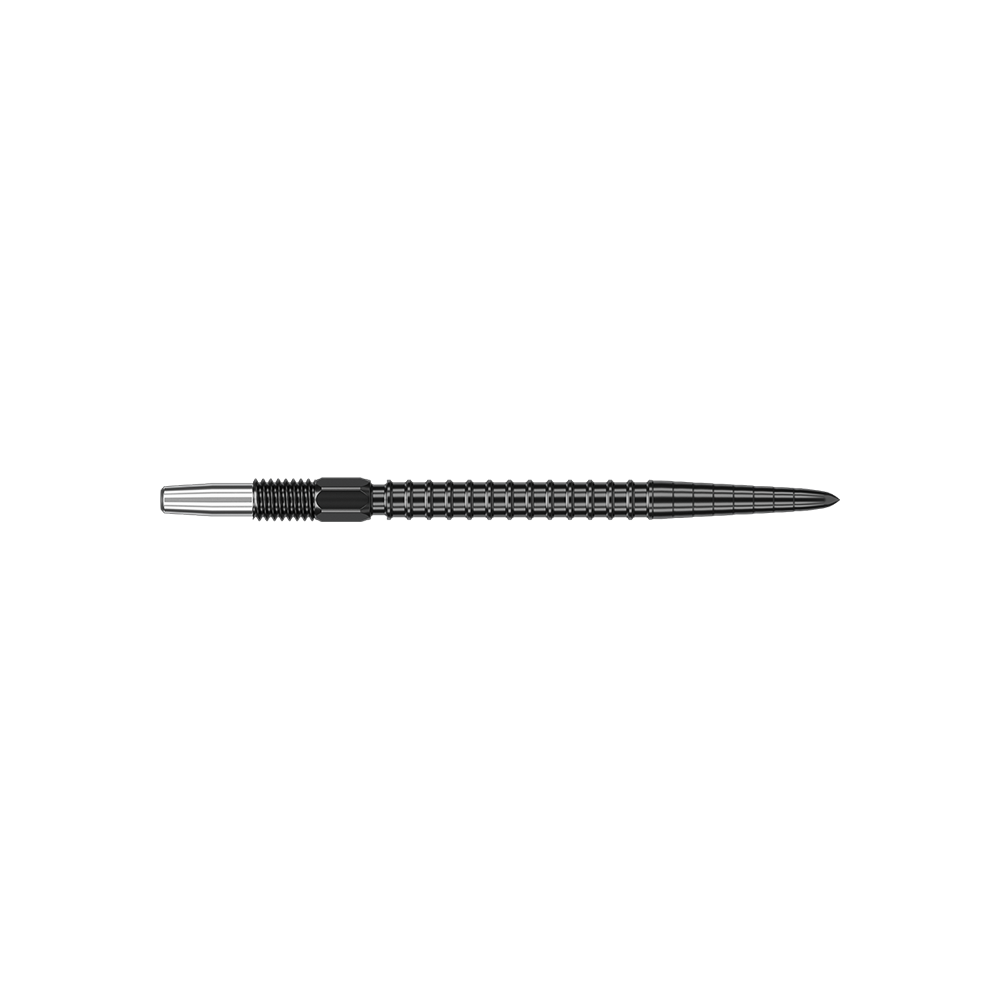 Das Bild zeigt eine schwarze Dartspitze mit einem geriffelten Griffbereich. Die Spitze ist lang und schlank geformt.