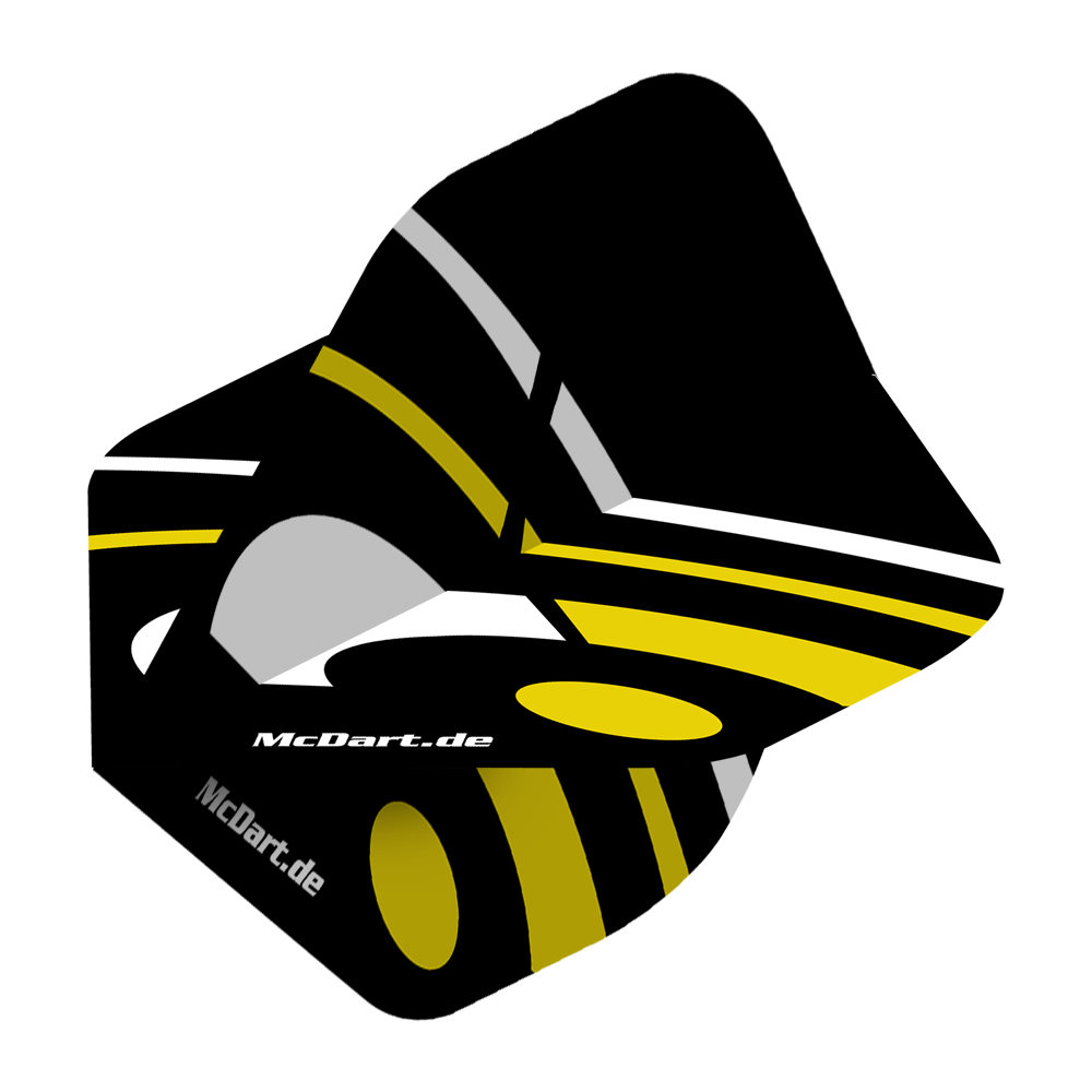 McDart ID Standard Flights - Yellow Das Bild zeigt einen McDart ID Standard Flight in Gelb mit schwarzen, gelben und grauen Designelementen. Auf dem Flight steht der Schriftzug "McDart.de".