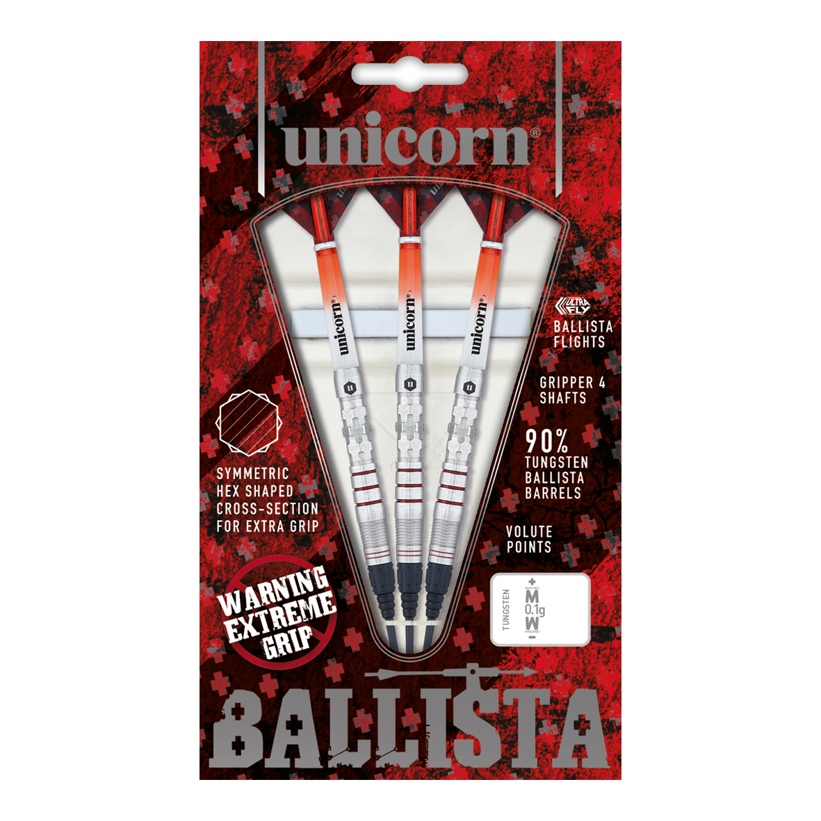 Unicorn Ballista Style 3 soft darts Das Bild zeigt eine Packung "Unicorn Ballista Style 3 Softdarts" mit drei Dartpfeilen. Die Verpackung hebt das symmetrische Hex-Muster für zusätzlichen Grip und 90% Tungsten-Barrels hervor.