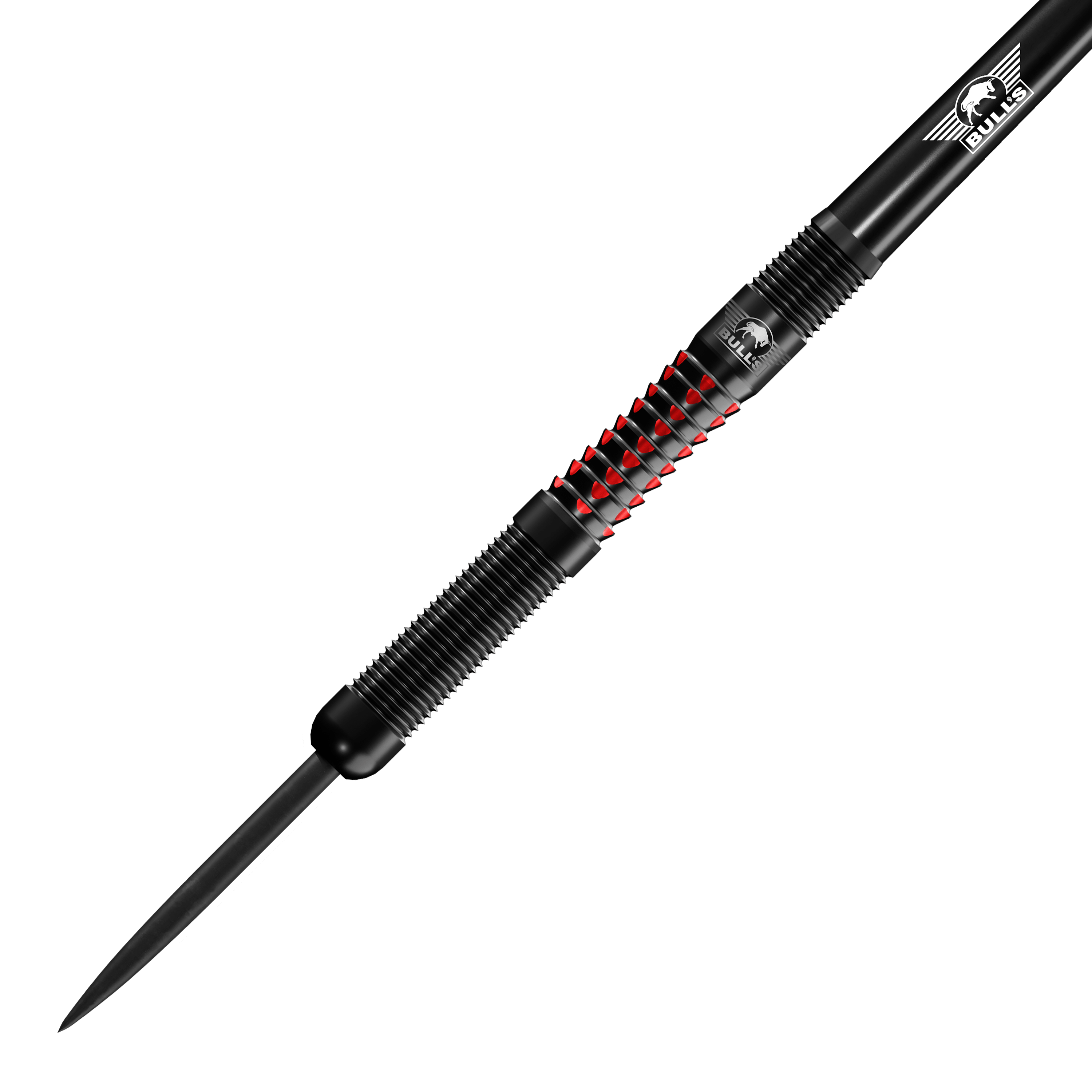 Auf dem Bild ist der Bulls NL Benjamin Pratnemer Steeldart mit 20g Gewicht zu sehen. Der Dart hat ein schwarzes Design mit roten Akzenten und feinen Rillen für besseren Halt.