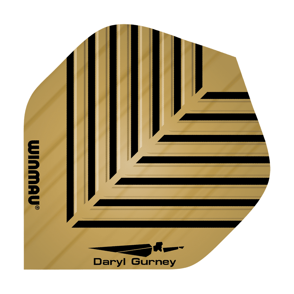 6800-114_Winmau_Daryl_Gurney_Embossed_Flights_1TKPrCUP7kBKH3 Das Bild zeigt das Produkt "Winmau Daryl Gurney Embossed Flights". Das Flight ist goldfarben mit schwarzen Linienmustern und trägt die Namen "Winmau" und "Daryl Gurney".