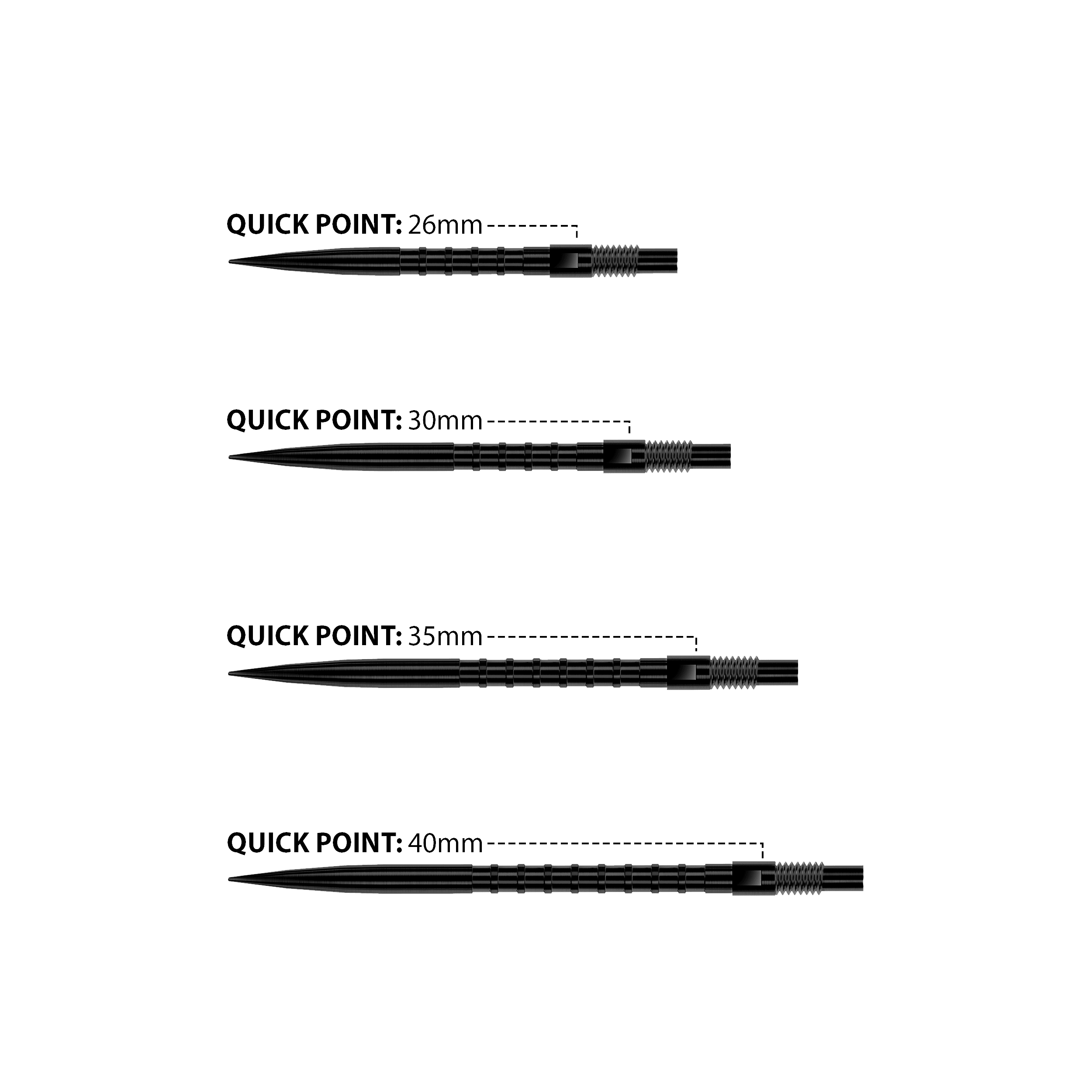 Das Bild zeigt Harrows Quick Point Heavy Metal Dartspitzen in Schwarz. Sie sind robust und für präzise Würfe geeignet.